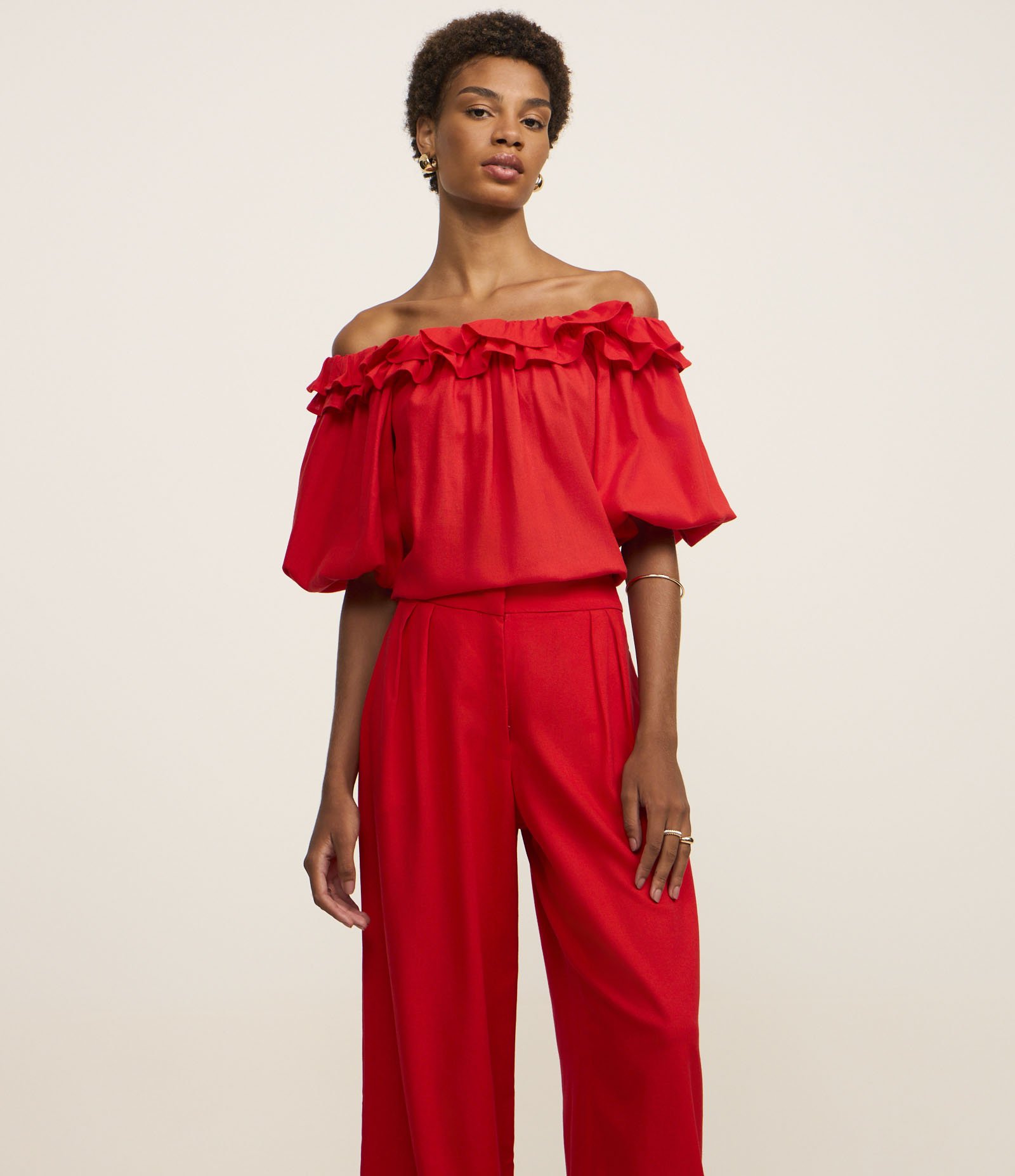 Calça Pantalona em Linho com Pregas Laranja 2