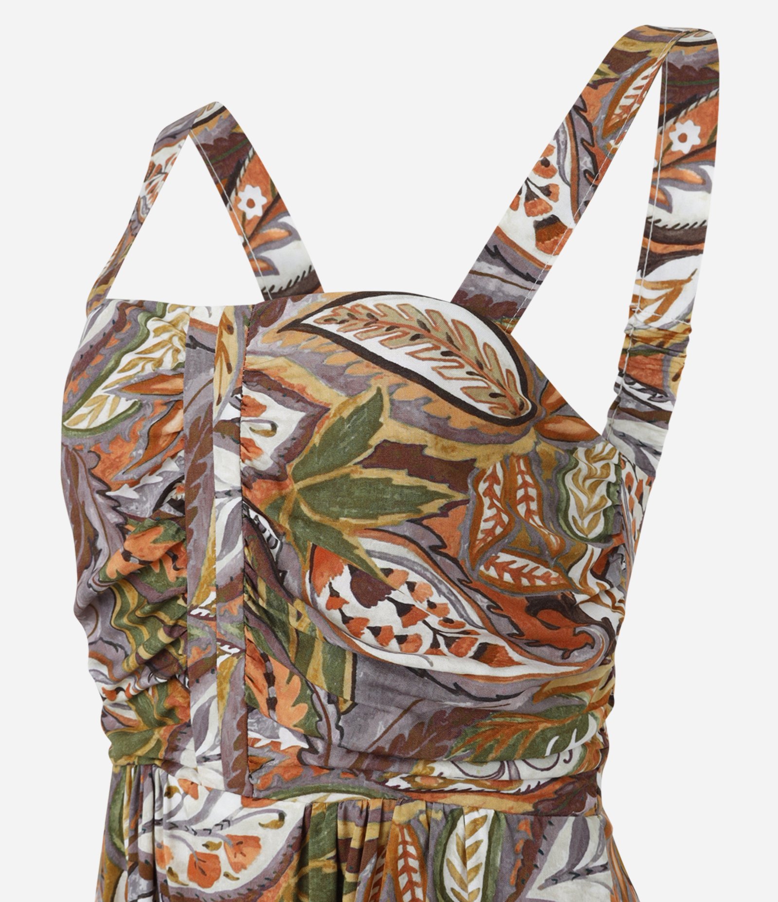 Vestido Western Evasê Midi em Viscose com Estampa Folhagem Marrom 8