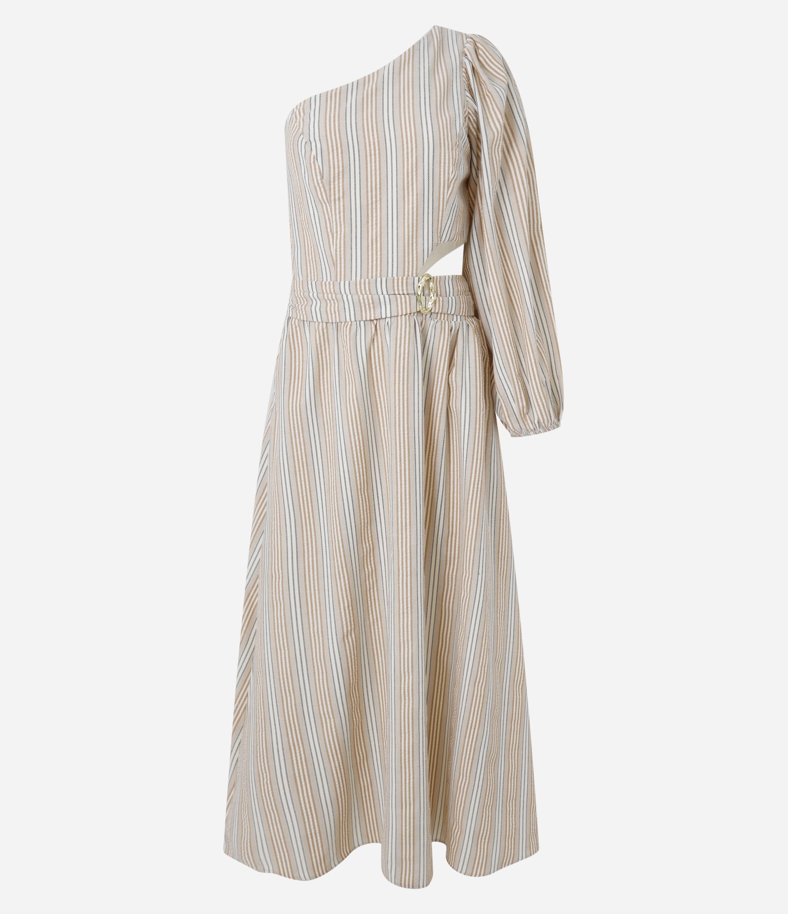 Vestido Ombro Só Listrado em Tricoline com Vazado Bege 5