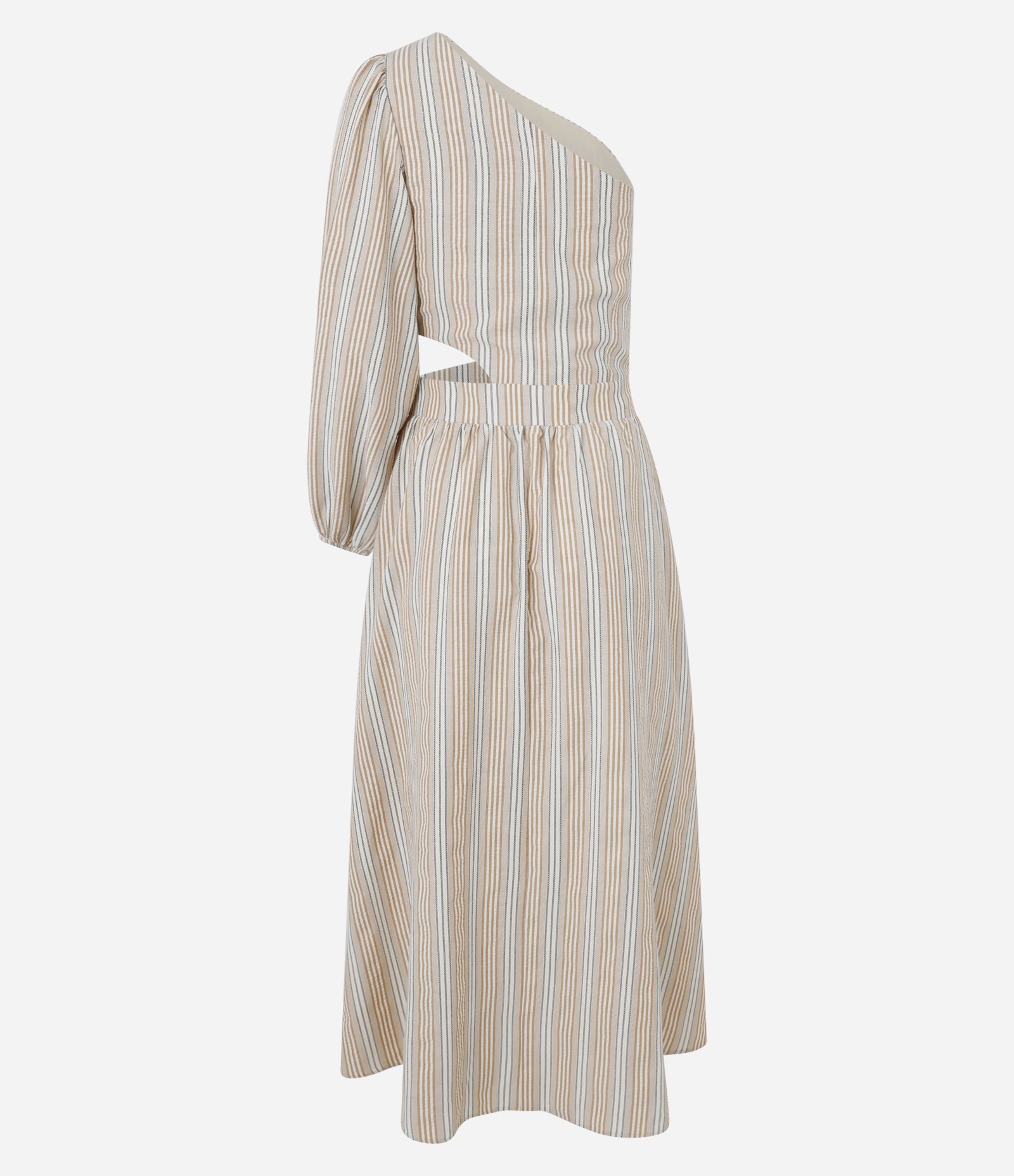 Vestido Ombro Só Listrado em Tricoline com Vazado Bege 6