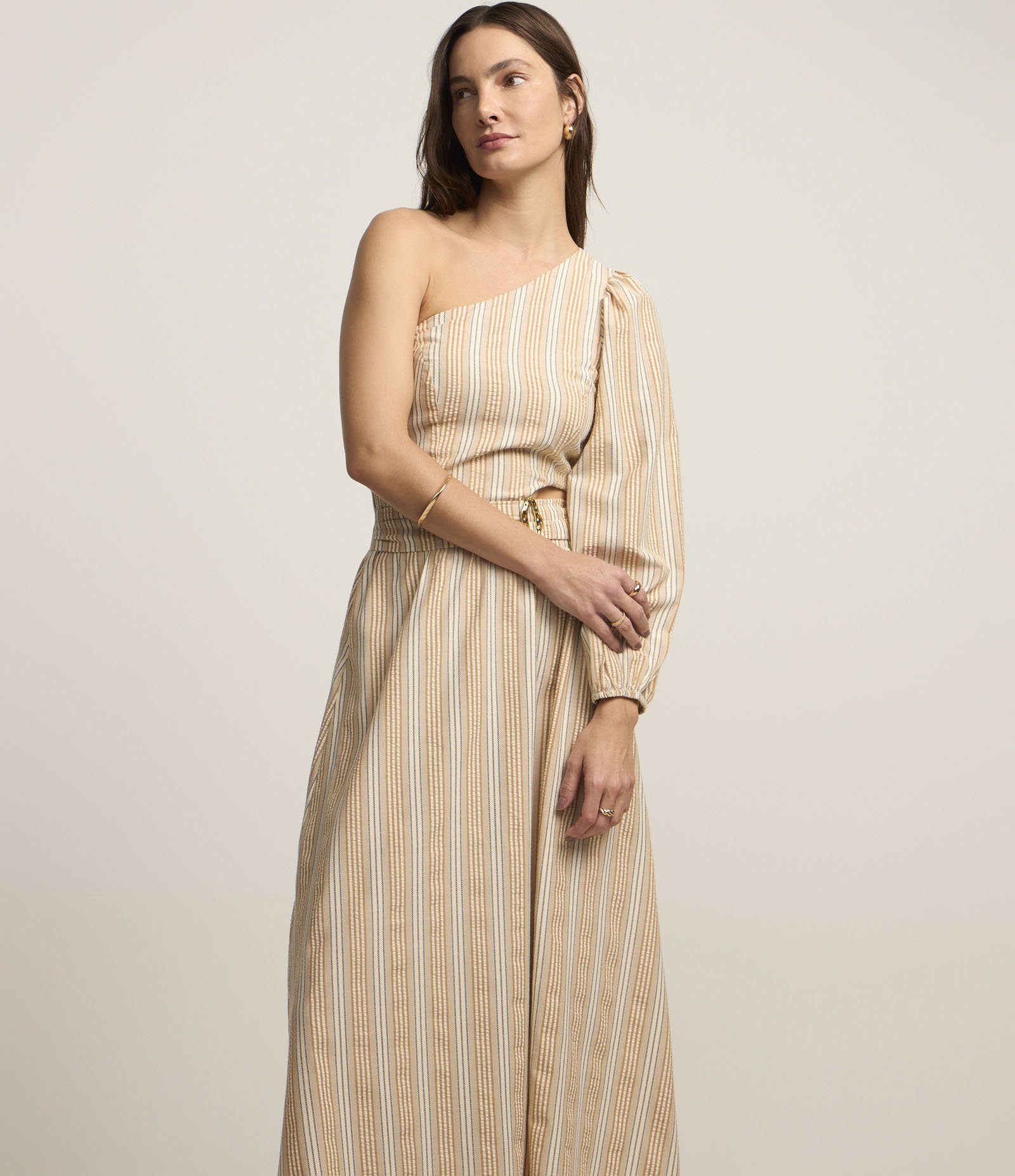 Vestido Ombro Só Listrado em Tricoline com Vazado Bege 3