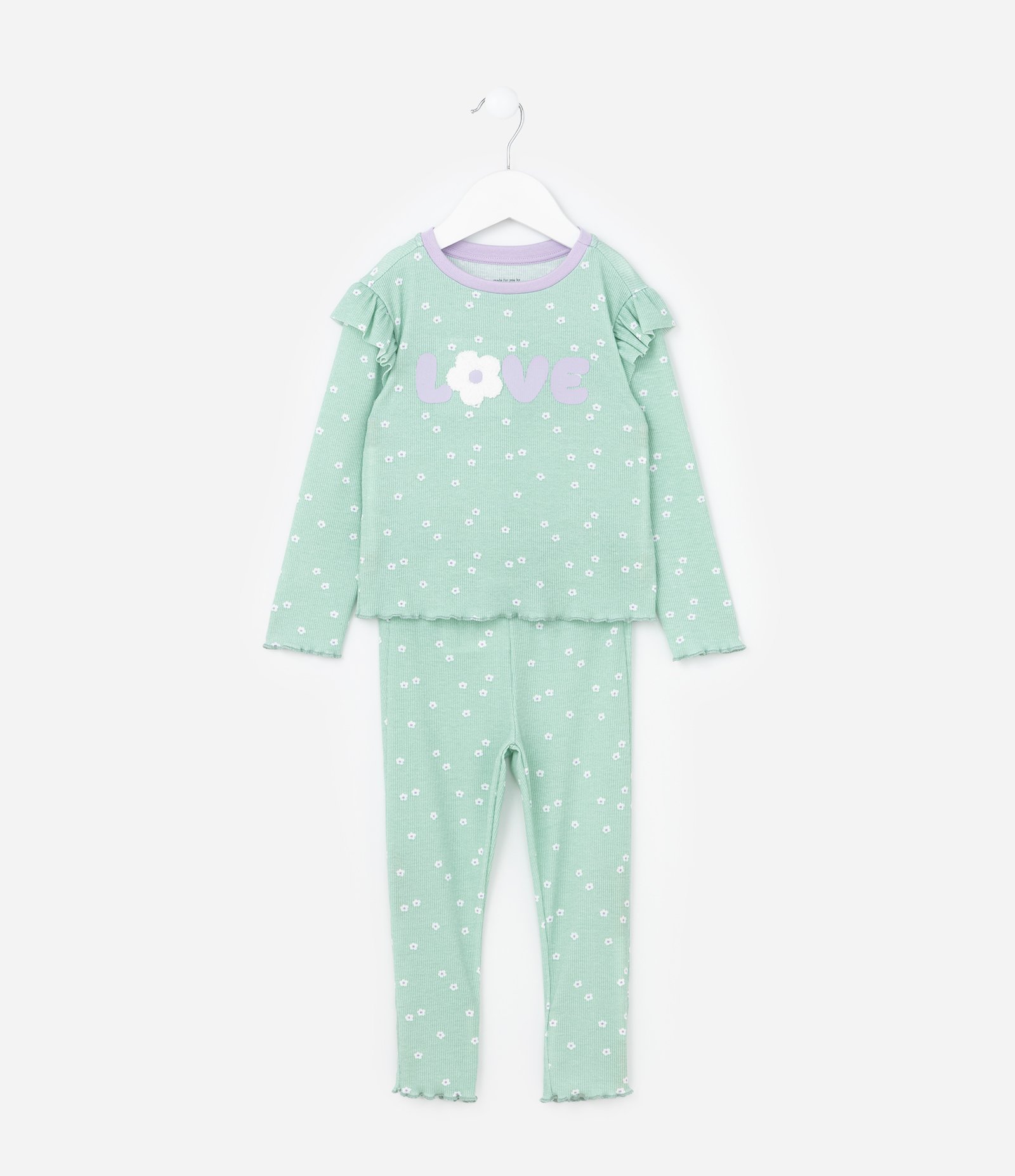 Pijama Infantil em Ribana Bordado e Babados - Tam 2 a 4 Anos Verde 1