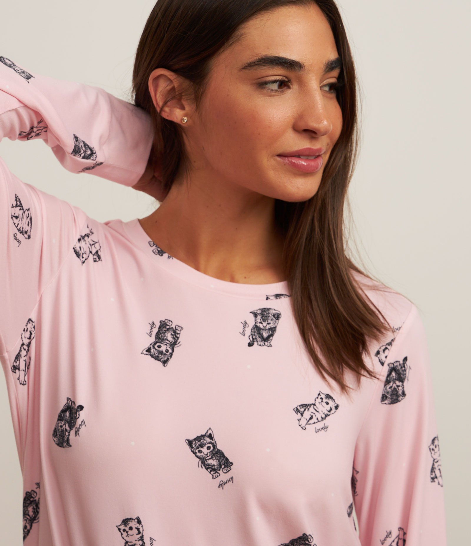 Pijama Longo com Estampa de Gatinhos Rosa 2