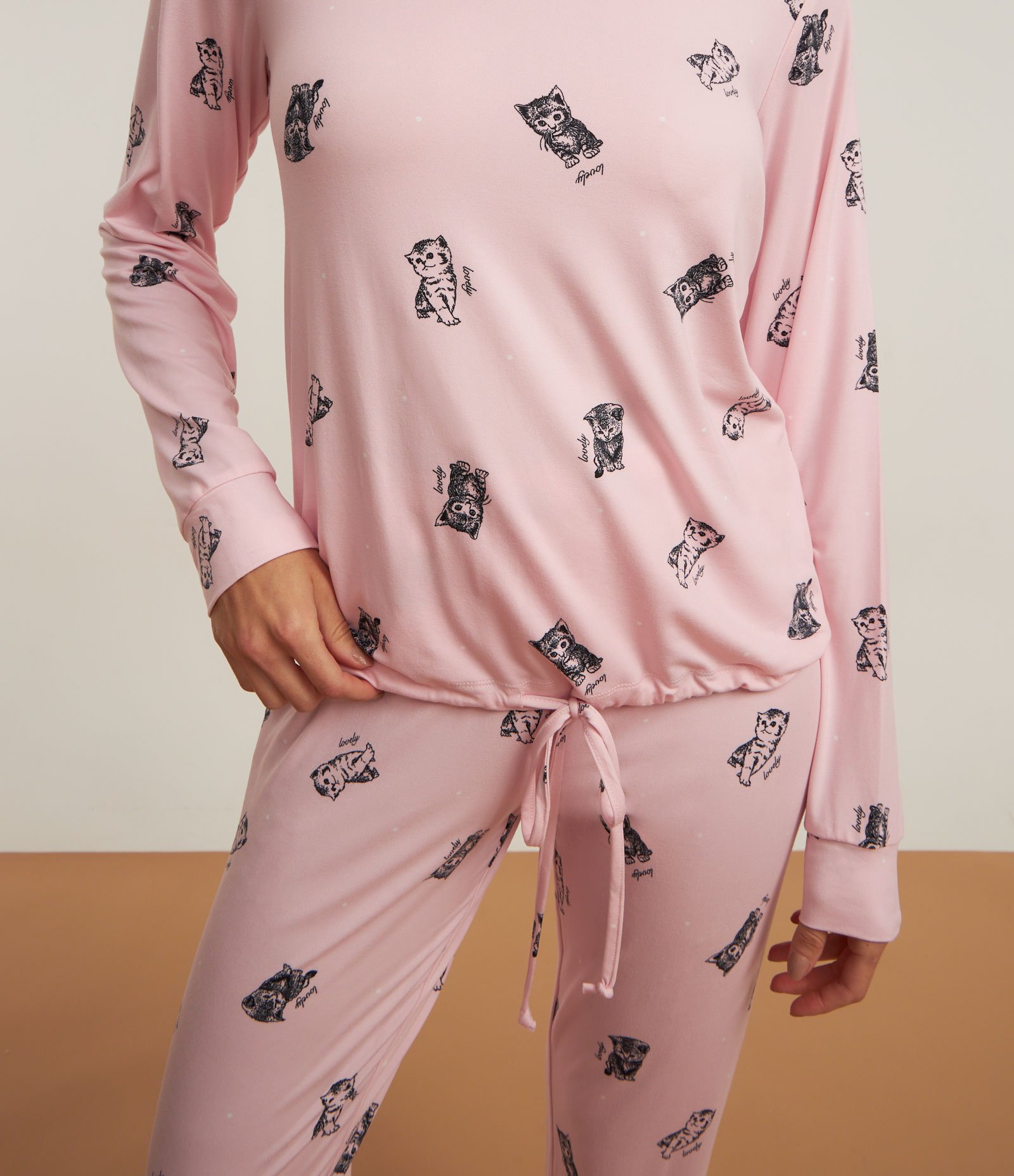 Pijama Longo com Estampa de Gatinhos Rosa 3