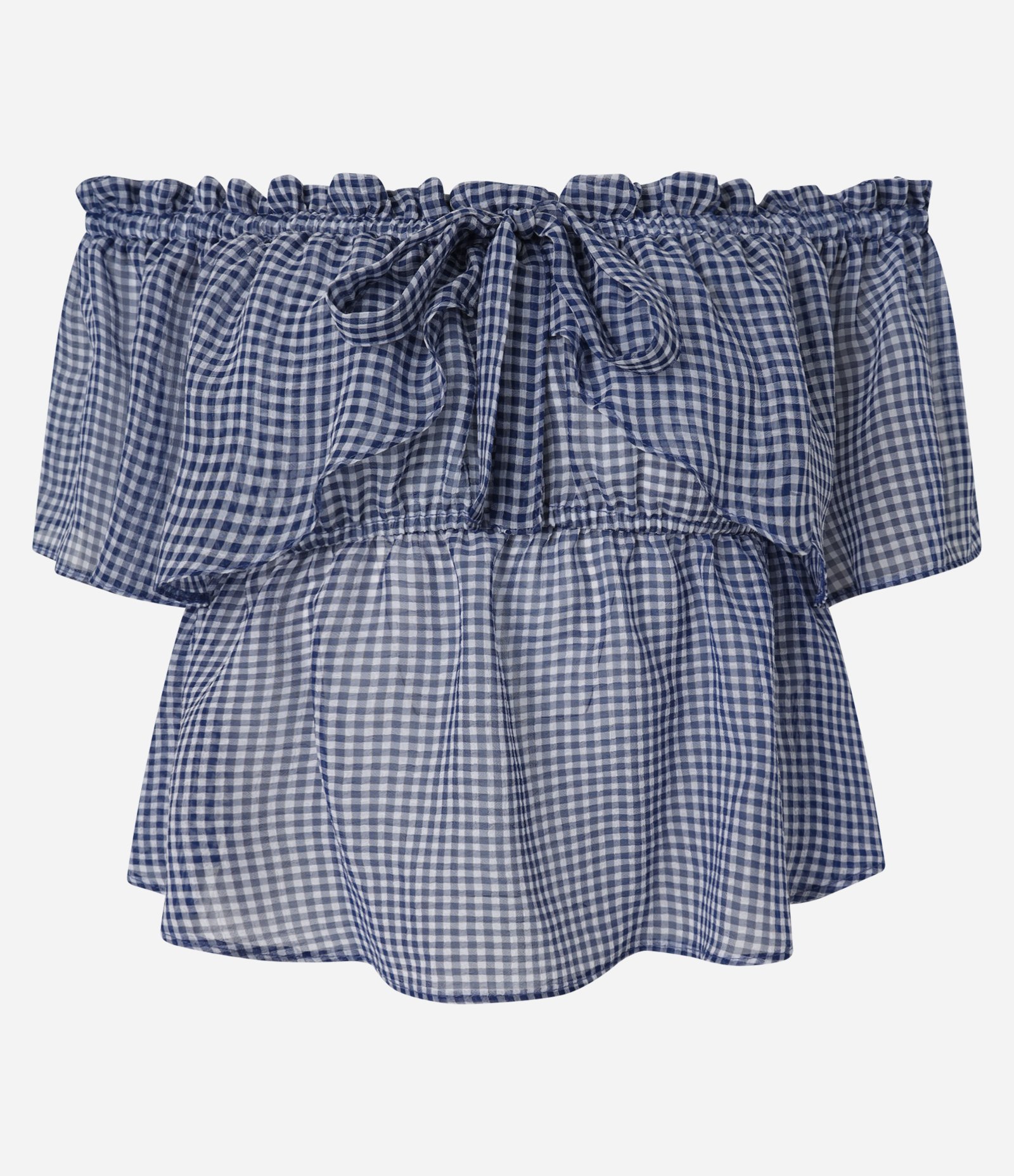 Blusa Curta em Chiffon com Decote Ombro a Ombro Xadrez e Laço Azul 5