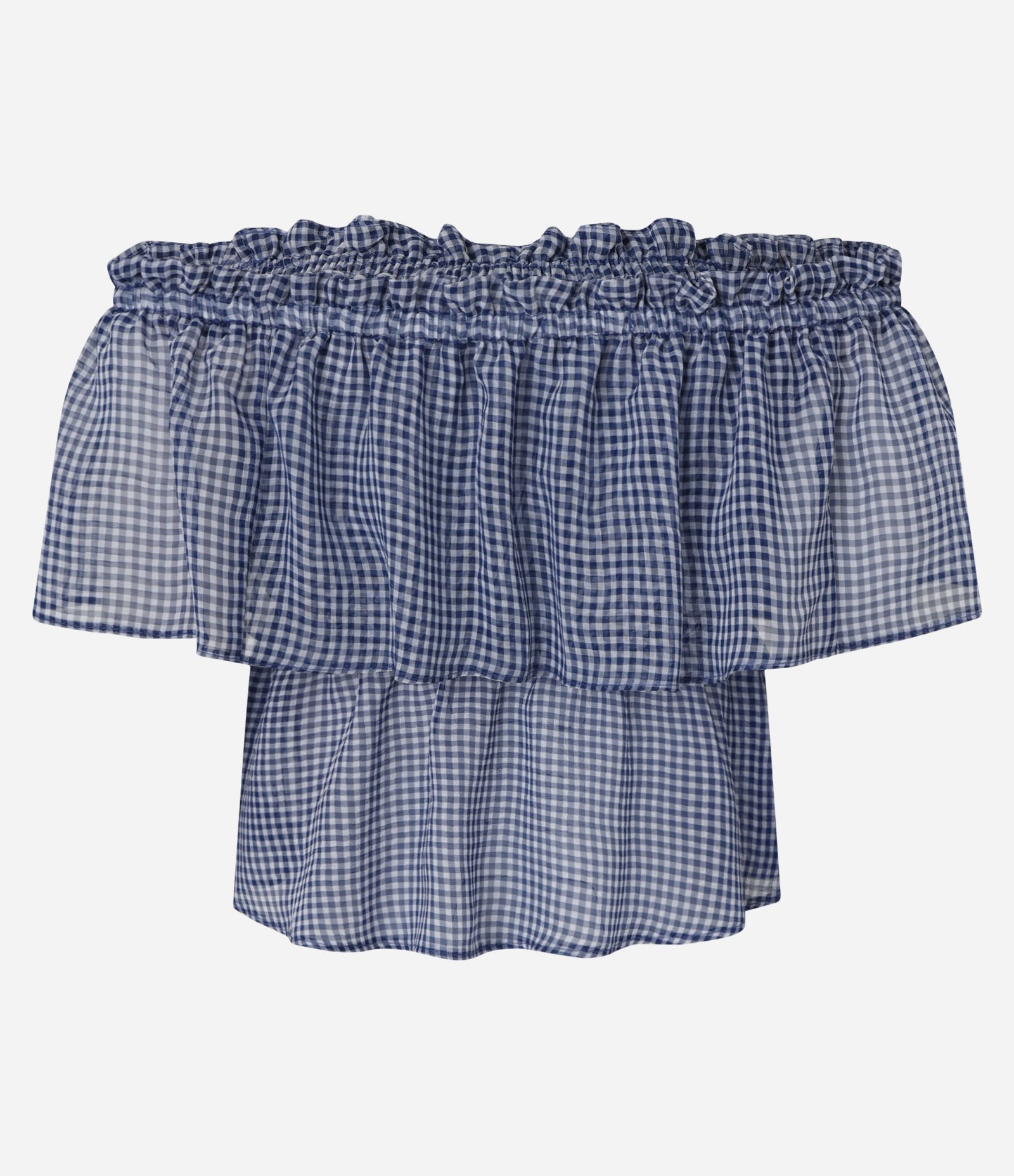 Blusa Curta em Chiffon com Decote Ombro a Ombro Xadrez e Laço Azul 6