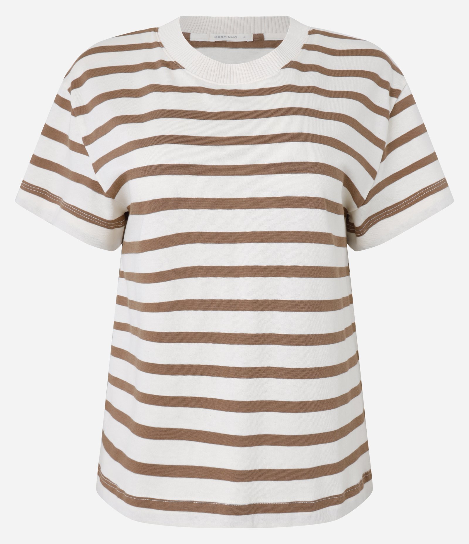 Camiseta Slim em Algodão Listrado com Gola Redonda Marrom/Branco 5