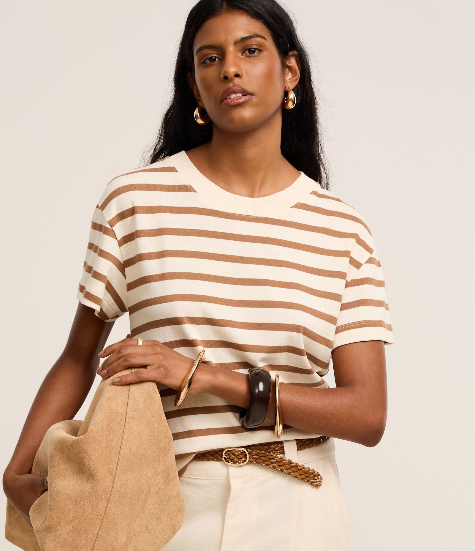 Camiseta Slim em Algodão Listrado com Gola Redonda Marrom/Branco 1