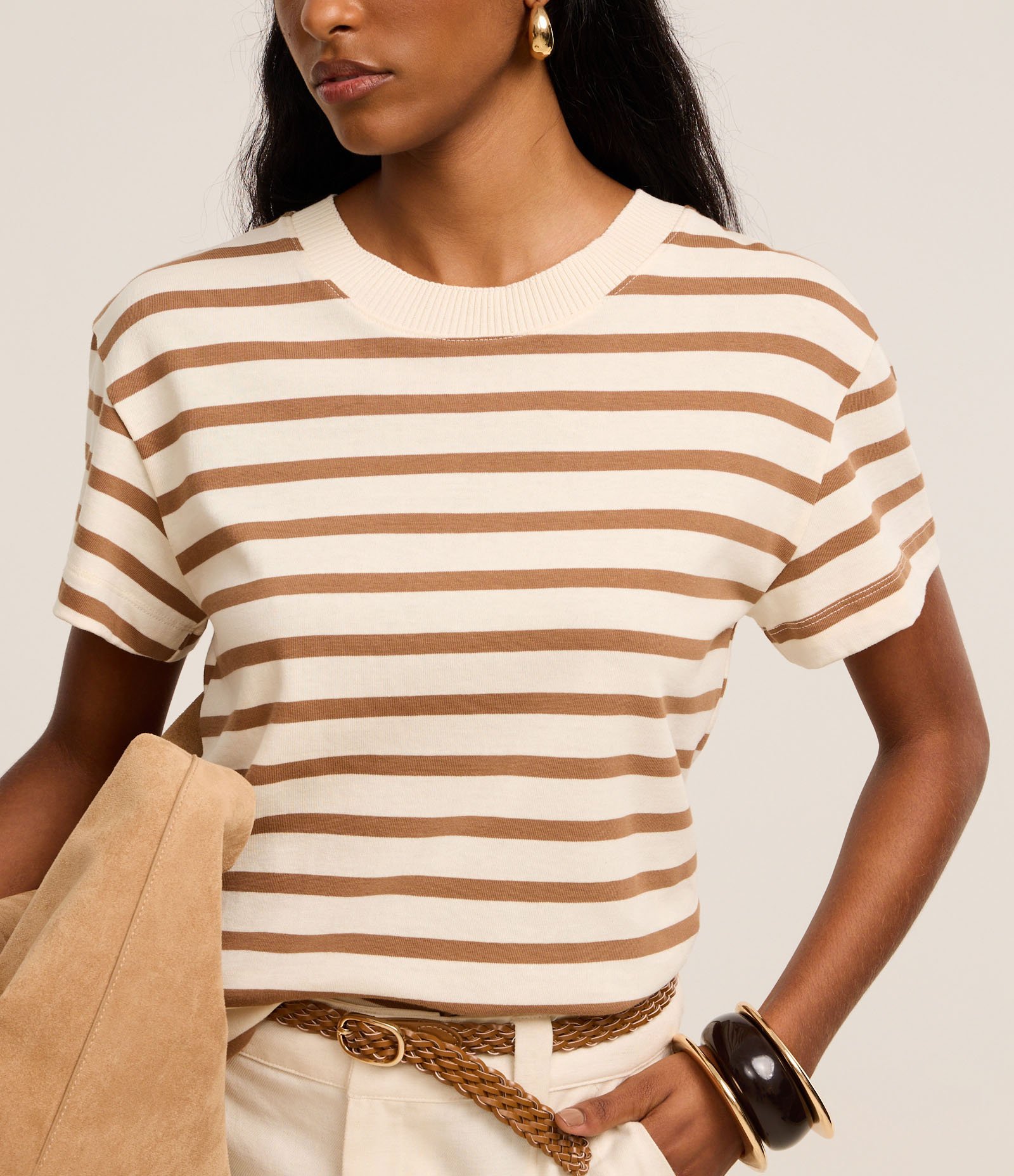 Camiseta Slim em Algodão Listrado com Gola Redonda Marrom/Branco 4