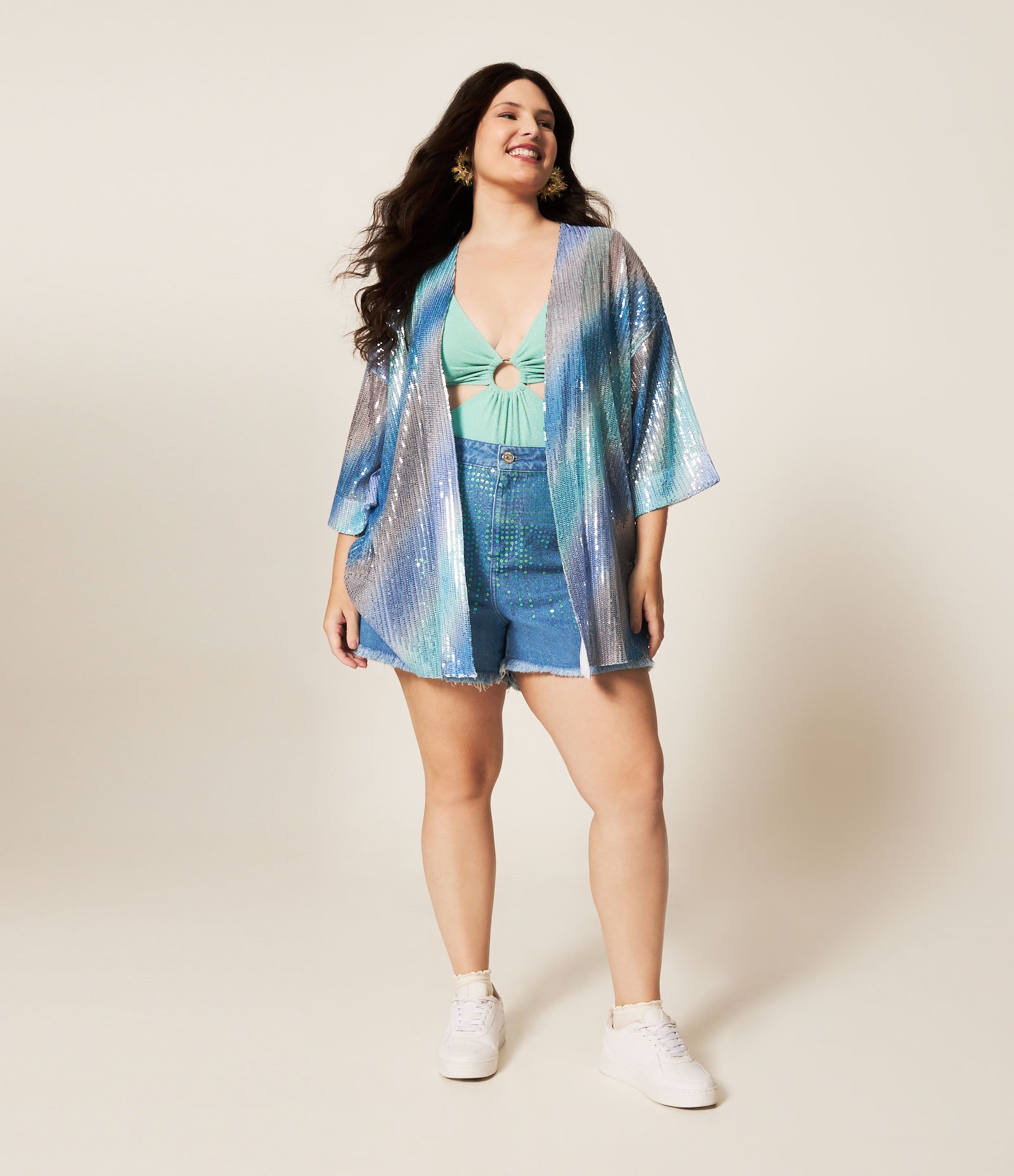 Kimono em Paetê com Listras Degradê Curve & Plus Size Azul 3