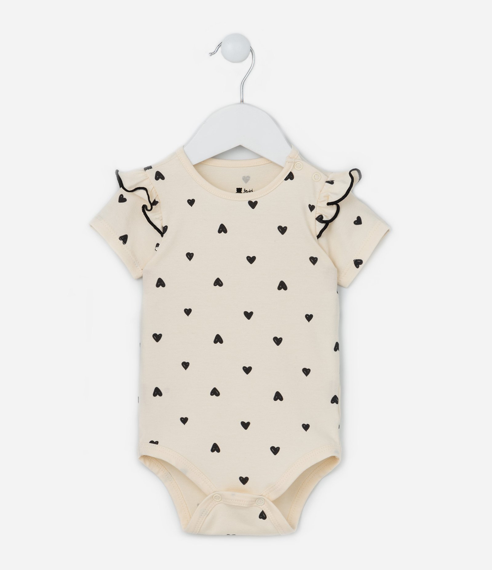 Body Infantil com Babados e Estampa de Corações - Tam 0 a 18 meses Bege 1