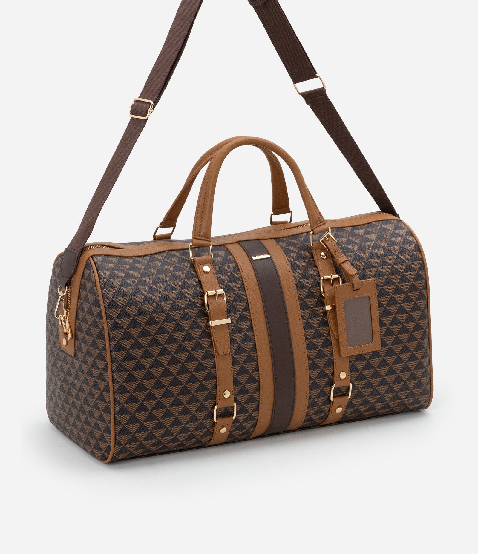 Bolsa Mala Grande com Alça Longa Removível com Estampa de Triângulo Marrom 2