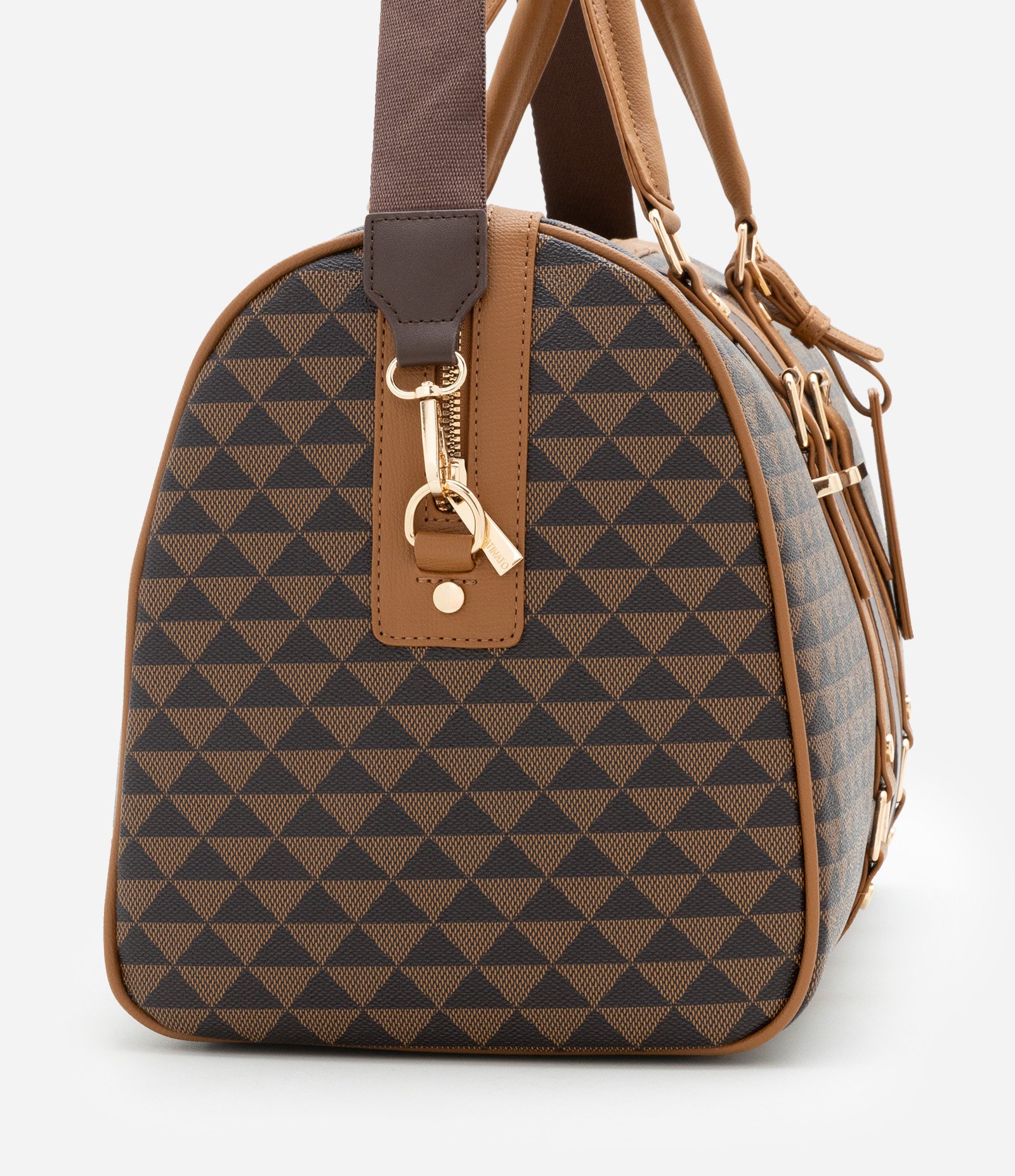 Bolsa Mala Grande com Alça Longa Removível com Estampa de Triângulo Marrom 3