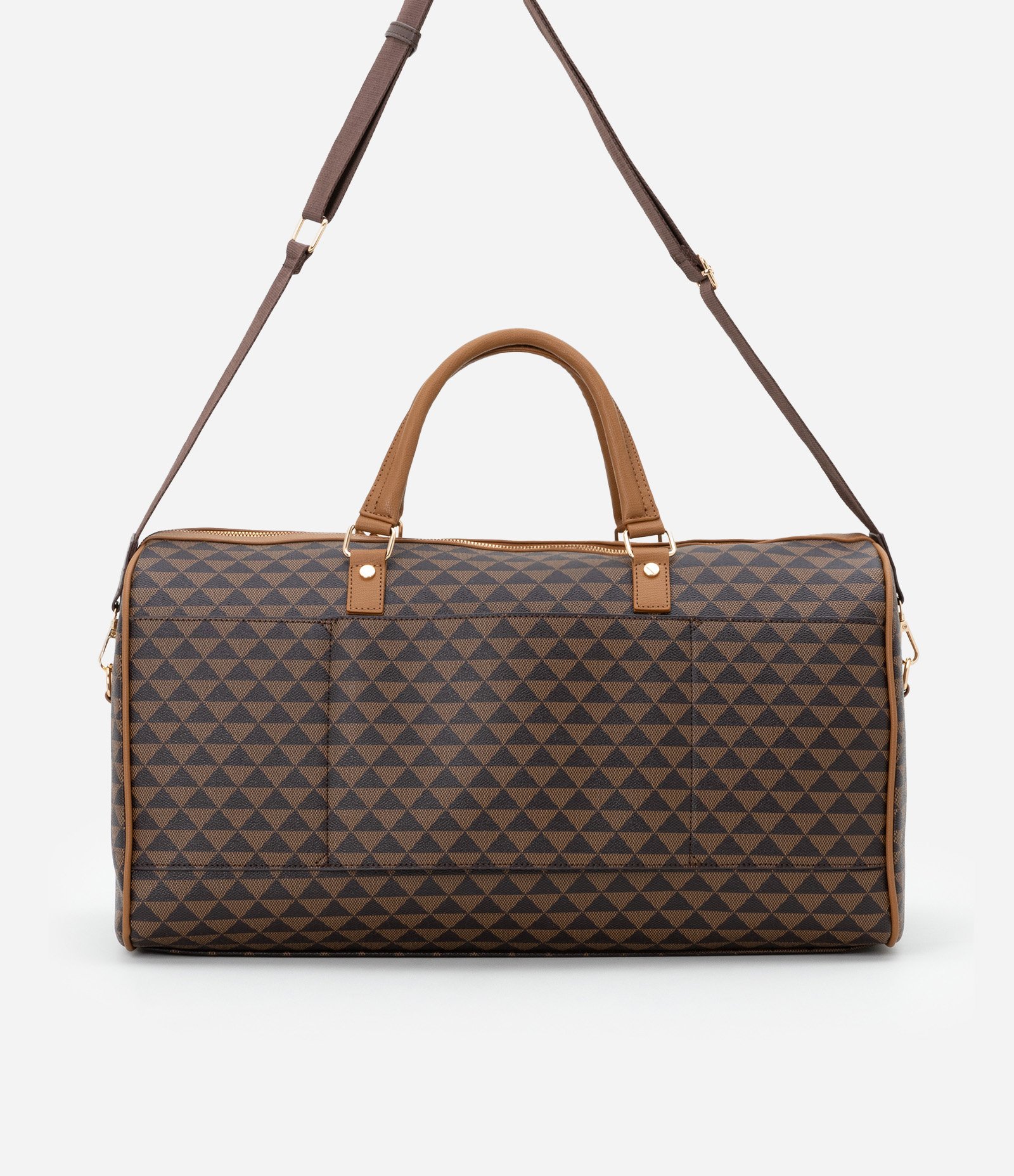 Bolsa Mala Grande com Alça Longa Removível com Estampa de Triângulo Marrom 4