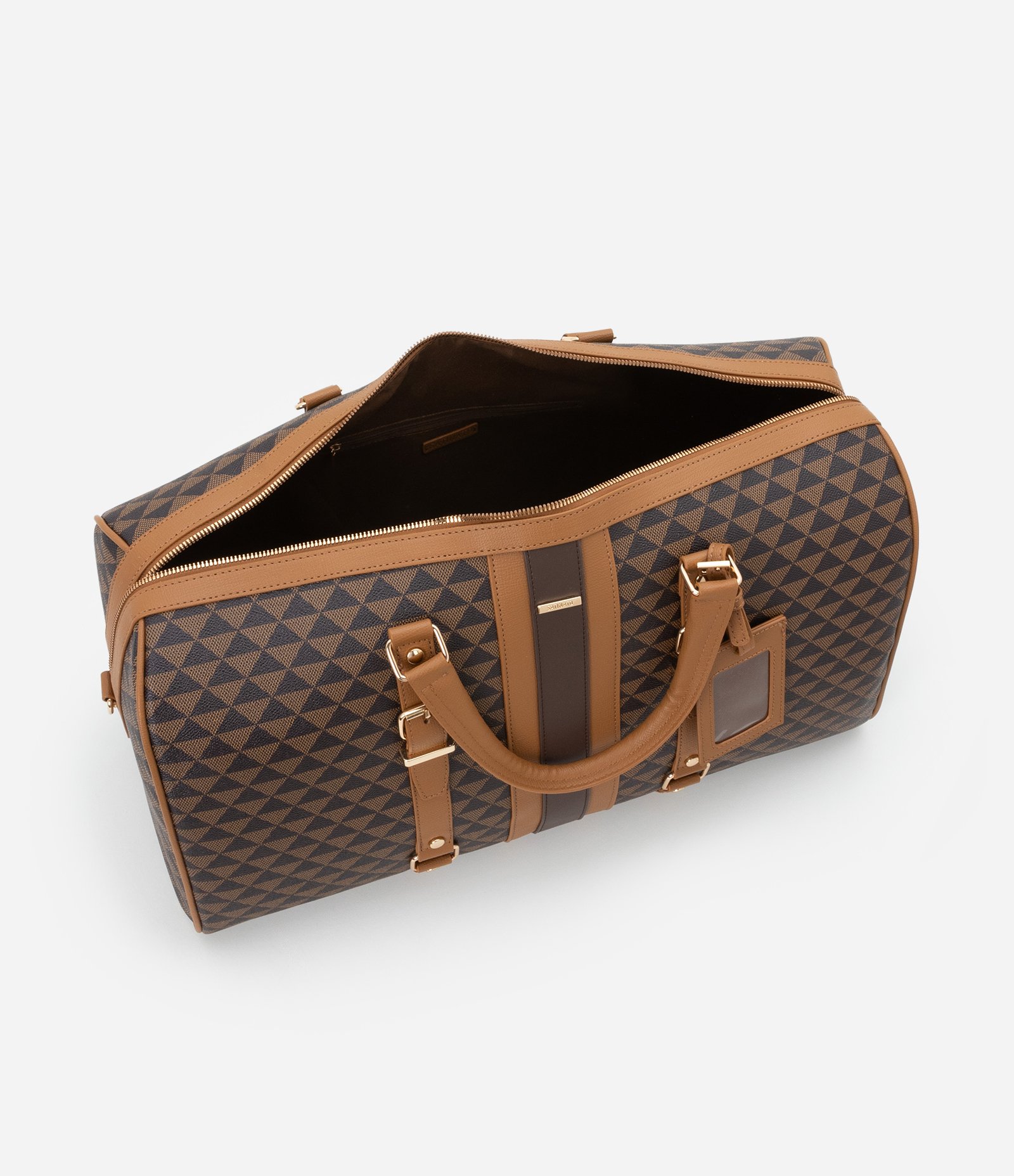 Bolsa Mala Grande com Alça Longa Removível com Estampa de Triângulo Marrom 5