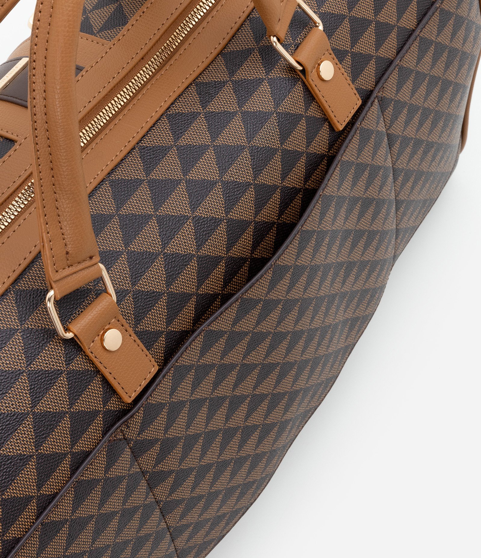 Bolsa Mala Grande com Alça Longa Removível com Estampa de Triângulo Marrom 7