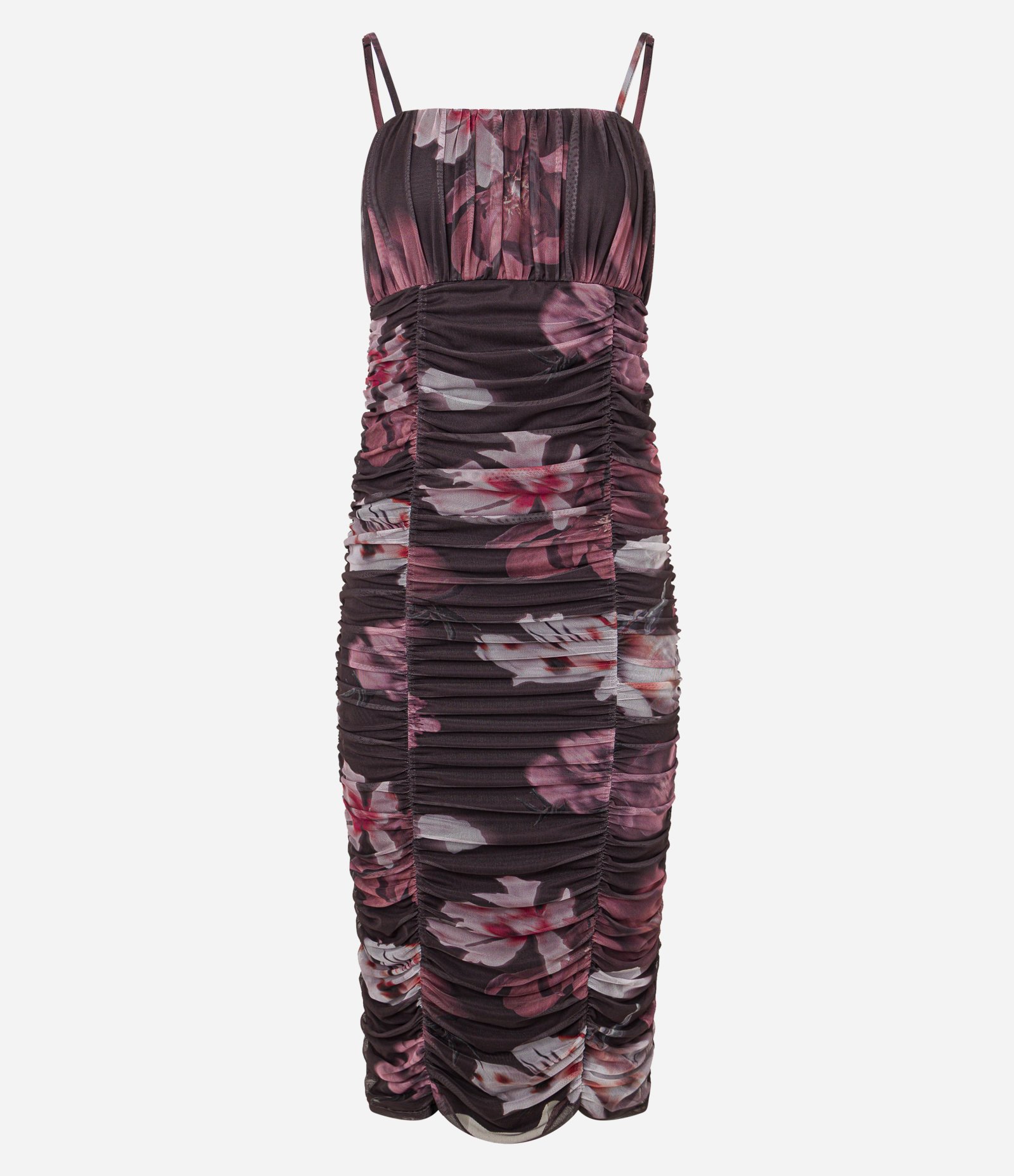 Vestido Midi em Tule Drapeado e Estampa Floral Preto 7