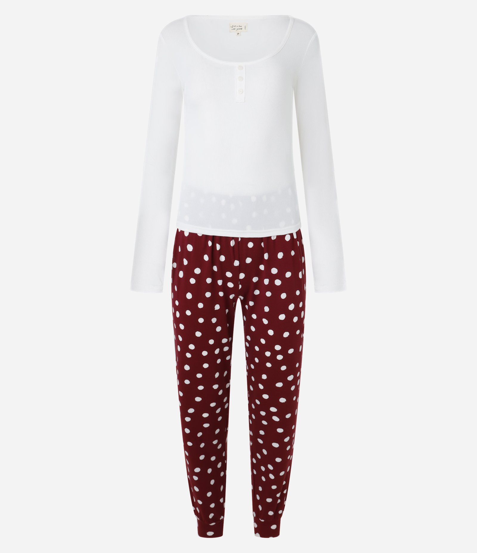 Pijama Longo em Ribana com Calça Poá Branco/Vermelho 4