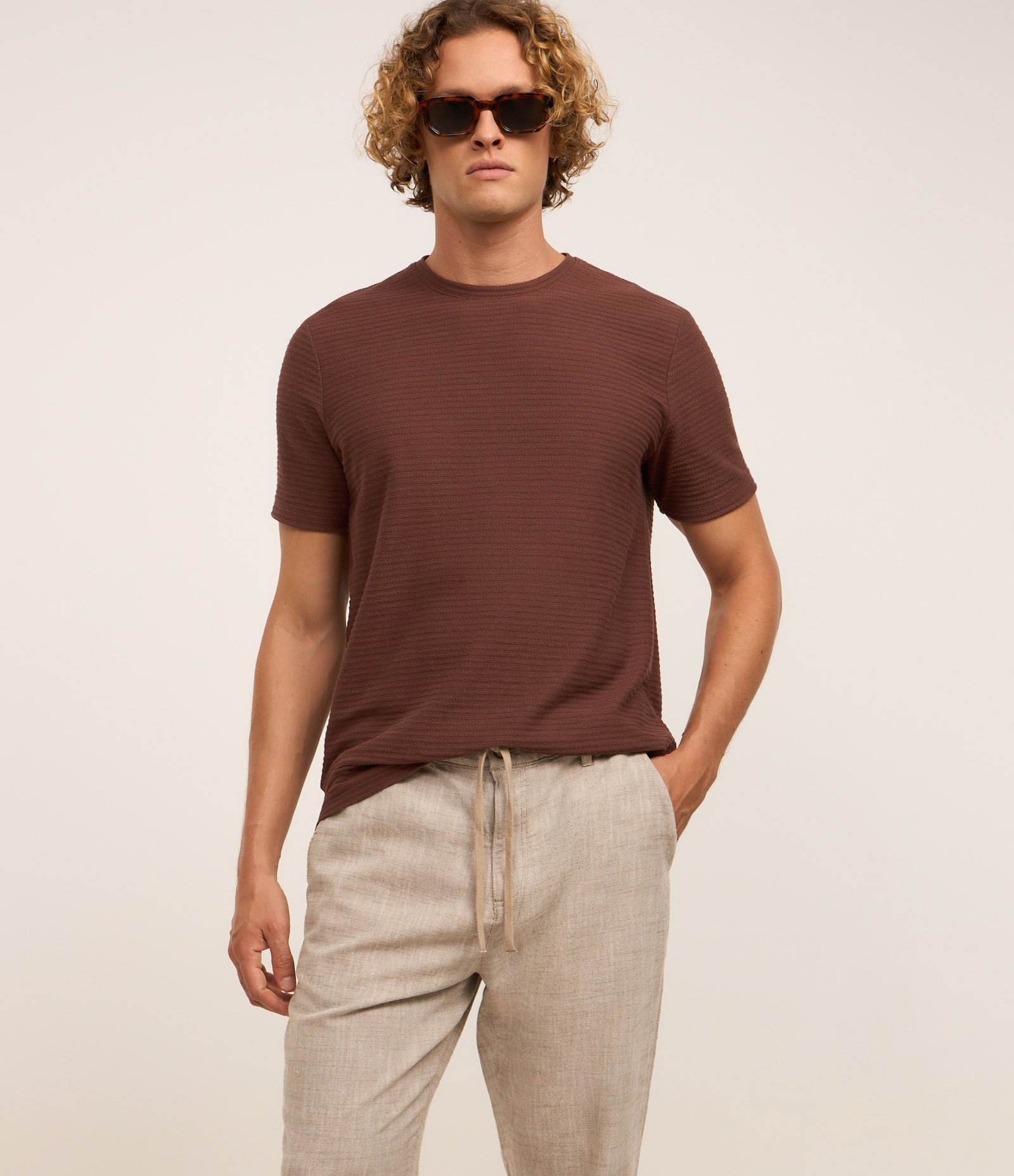 Calça Relaxed Oxford em Algodão Bege Médio 3