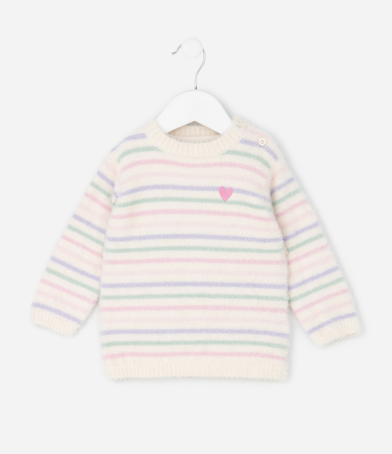 Casaco Infantil em Chenille com Listras e Coração Bordado – Tam 0 a 18 Meses Off White 1