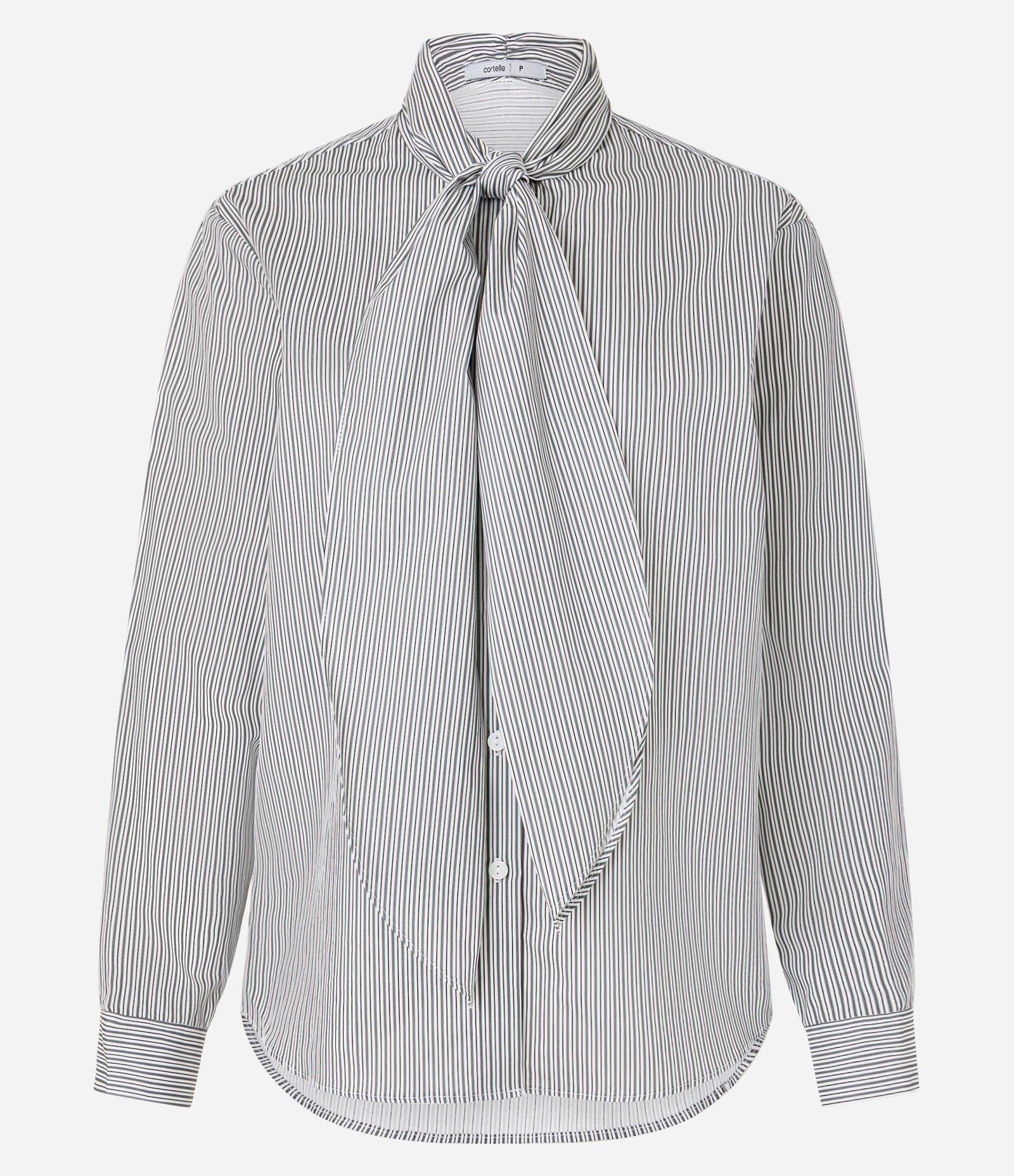 Camisa Boho em Tricoline com Gola Laço e Listras de Fio Tinto Cinza/Branco 6