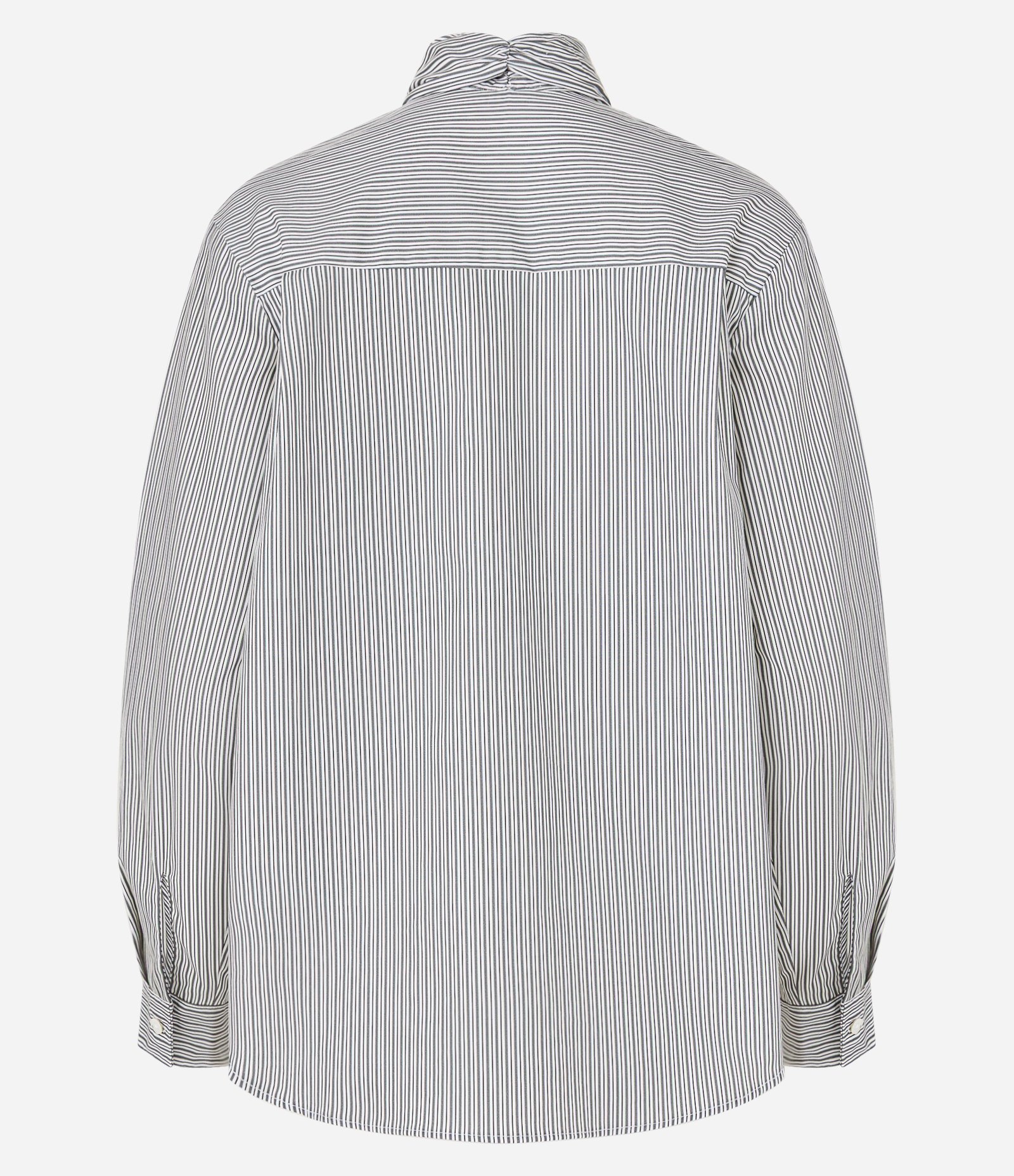 Camisa Boho em Tricoline com Gola Laço e Listras de Fio Tinto Cinza/Branco 7