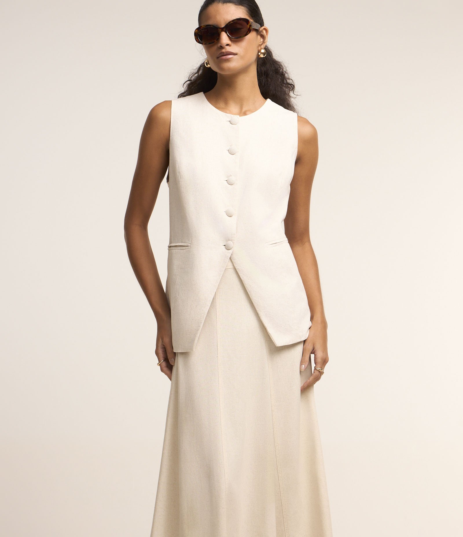 Saia Evasê Longa em Viscose com Linho e Recortes Branco 2