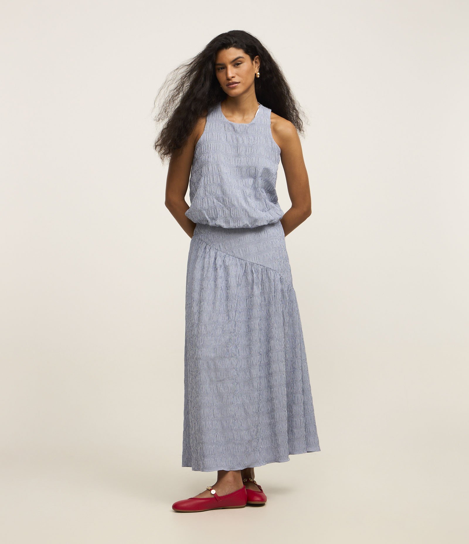 Saia Midi Evasê em Tricoline Xadrez Vichy Azul 1
