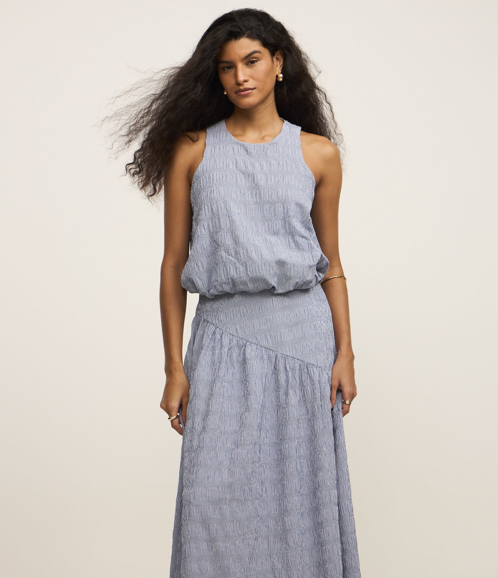 Saia Midi Evasê em Tricoline Xadrez Vichy Azul 2