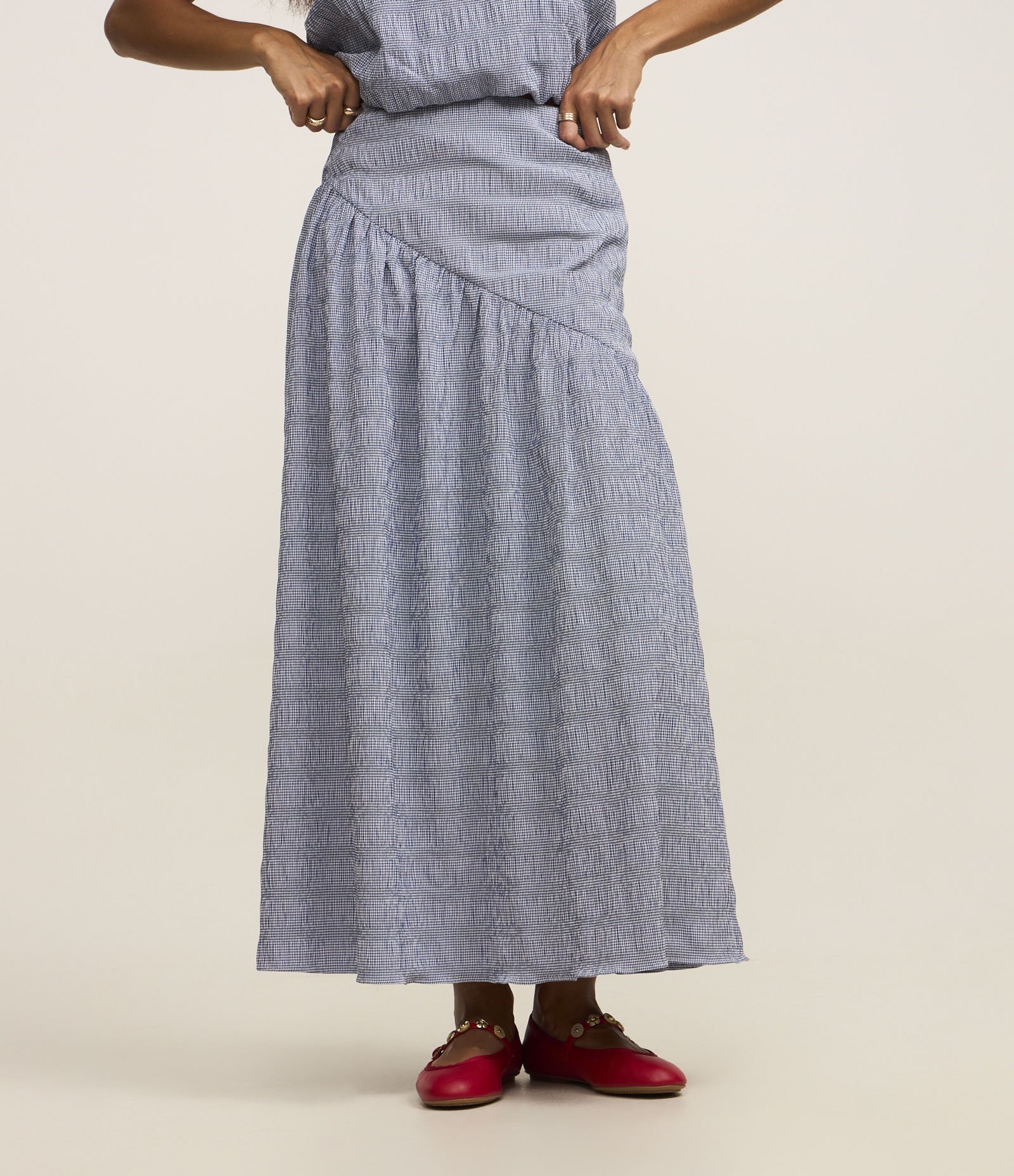 Saia Midi Evasê em Tricoline Xadrez Vichy Azul 3