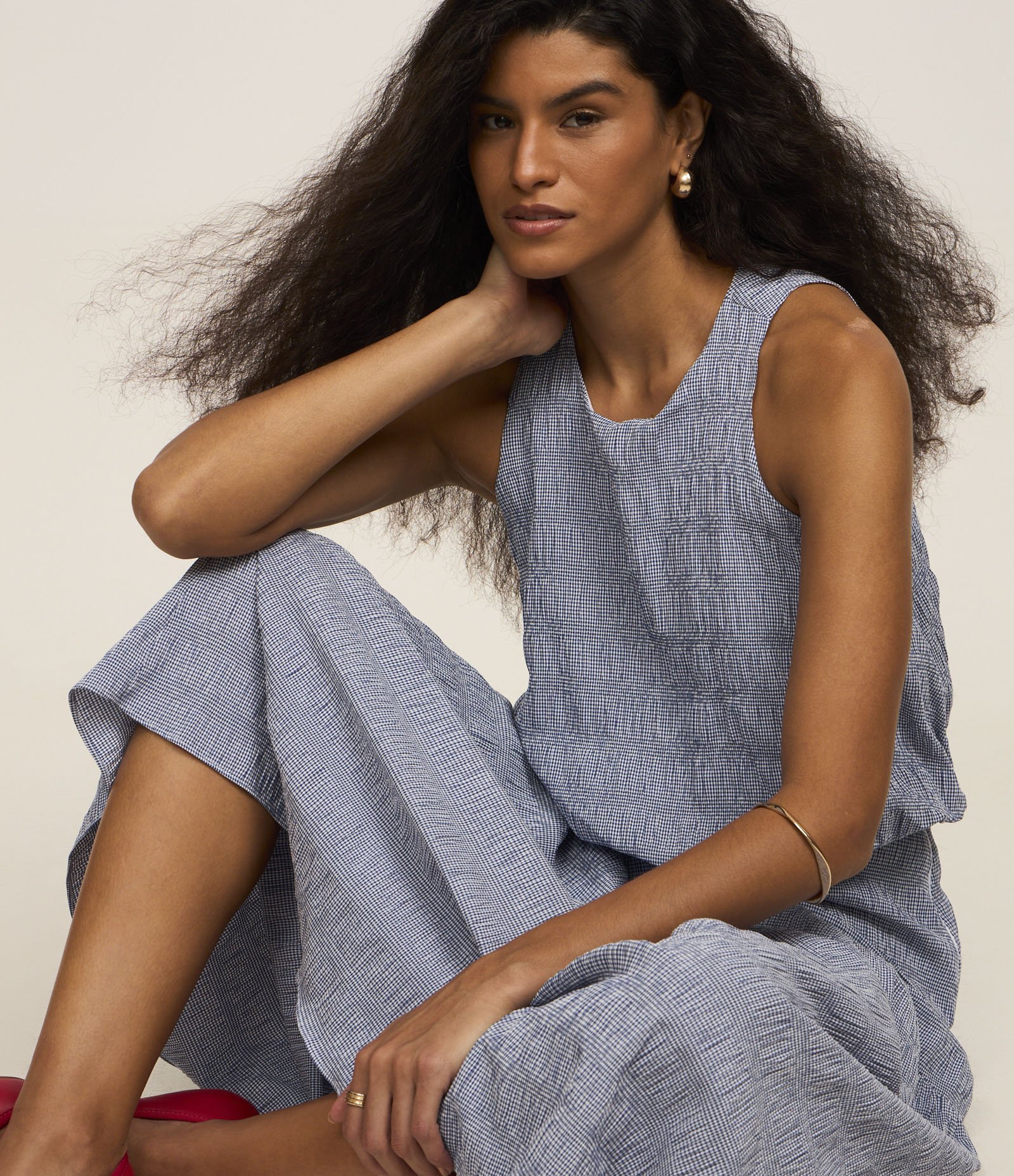 Saia Midi Evasê em Tricoline Xadrez Vichy Azul 5