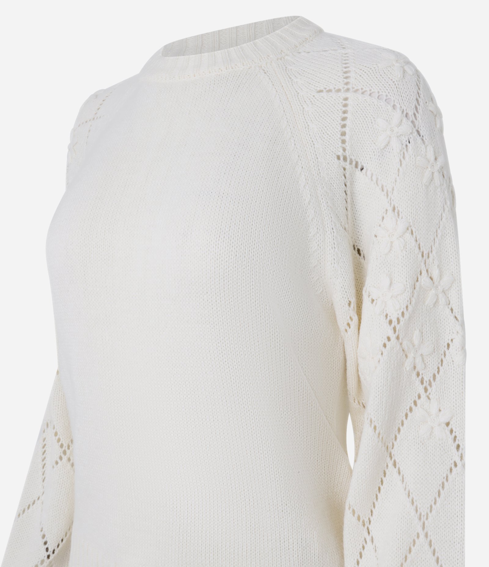 Suéter em Tricô com Bordado Floral e Entremeios na Manga Bege 8