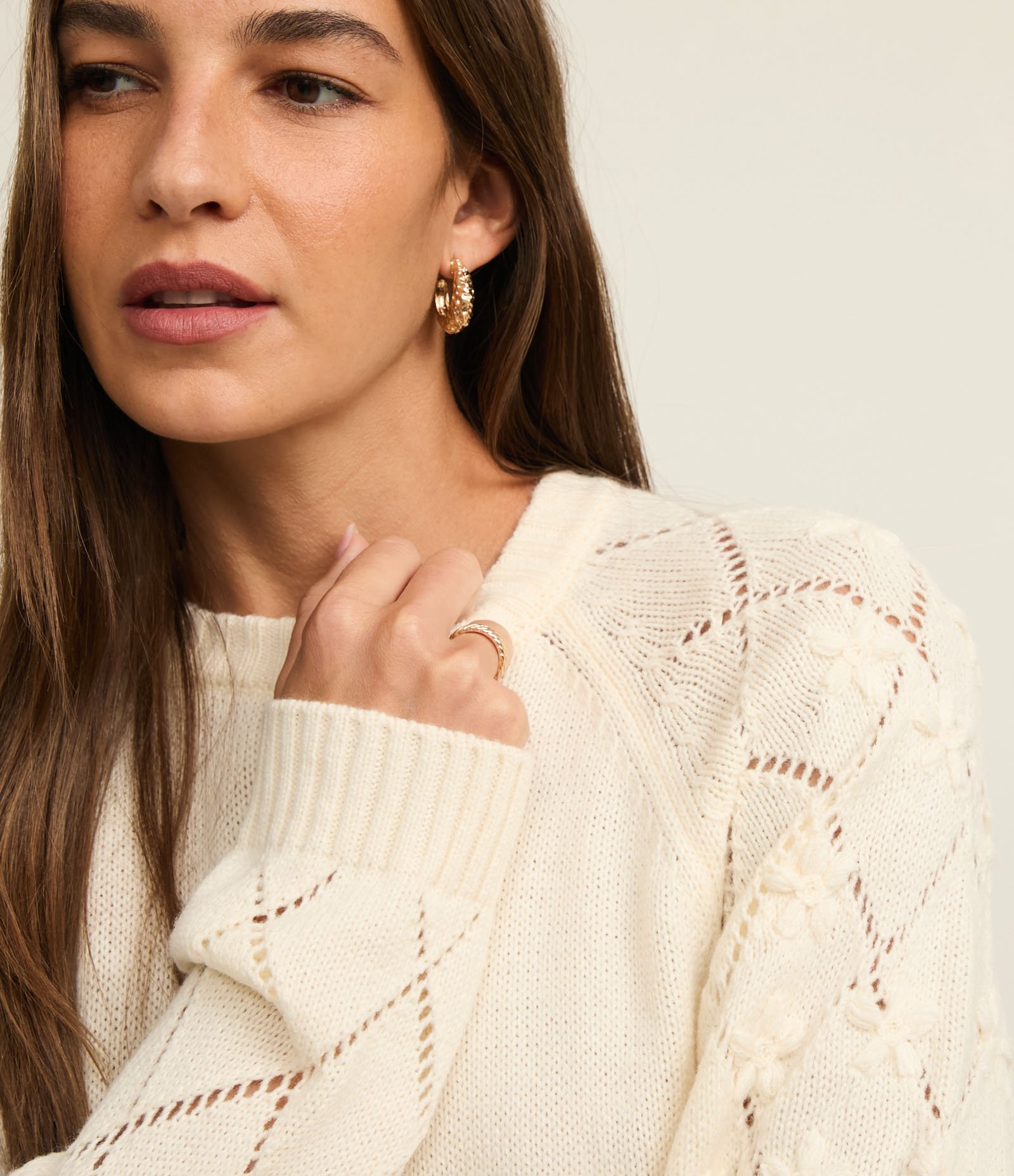 Suéter em Tricô com Bordado Floral e Entremeios na Manga Bege 4