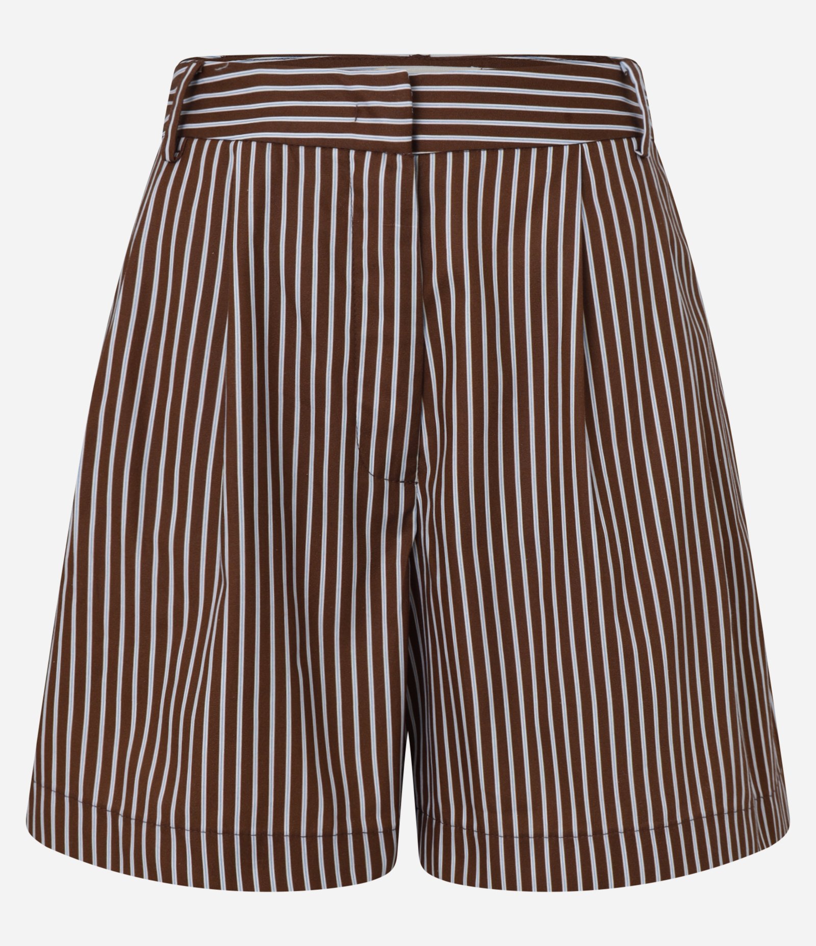 Short Cintura Alta em Tricoline Listrado com Fio Tinto Marrom 1