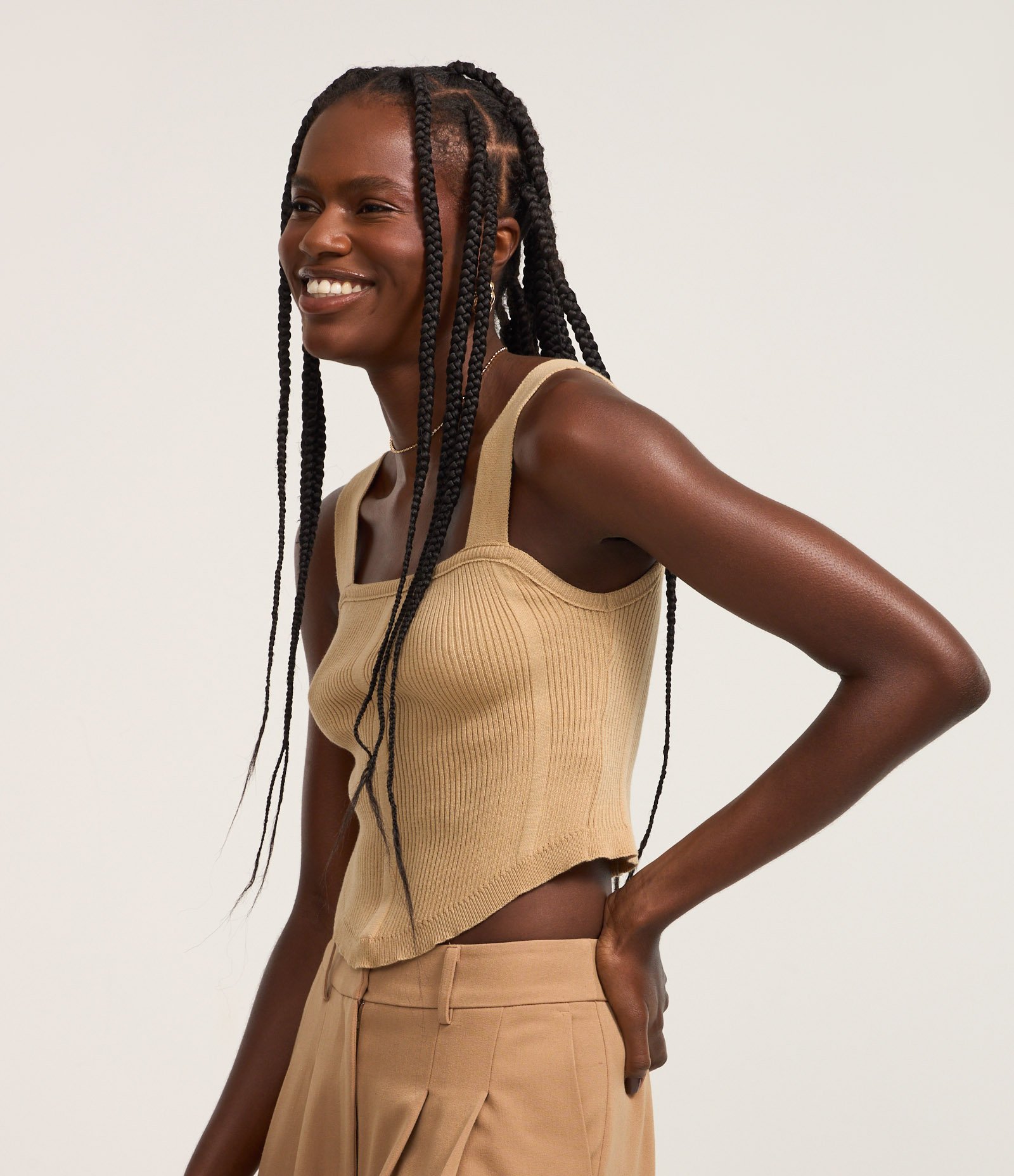 Blusa Corset em Tricô com Textura Canelada Bege 1