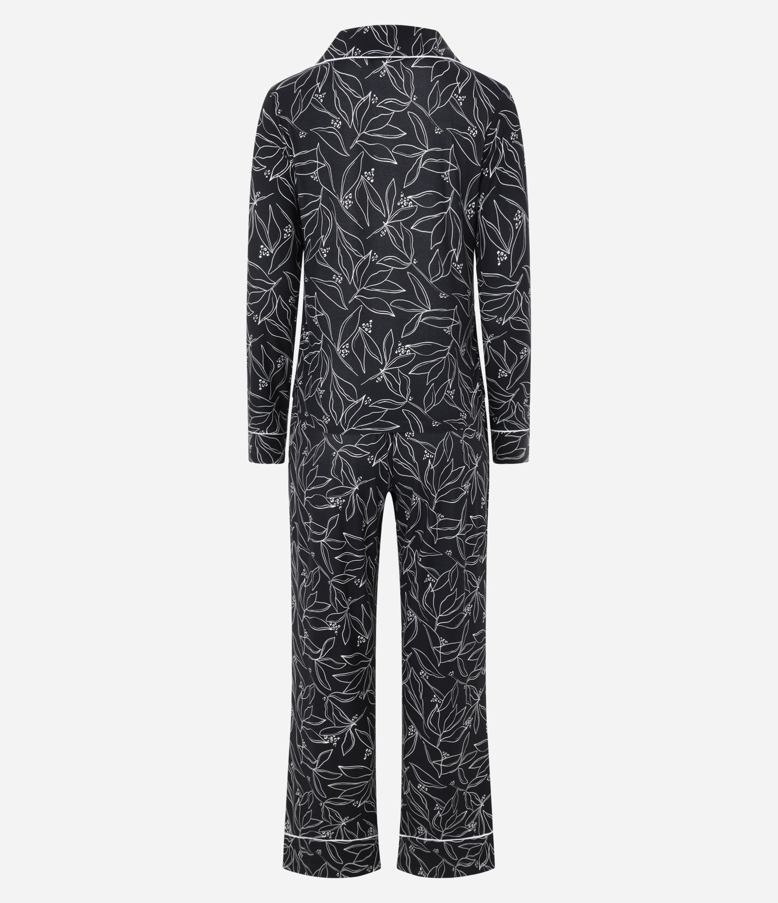 Pijama Americano Longo em Peach Touch Estampado de Folhagens Preto 5
