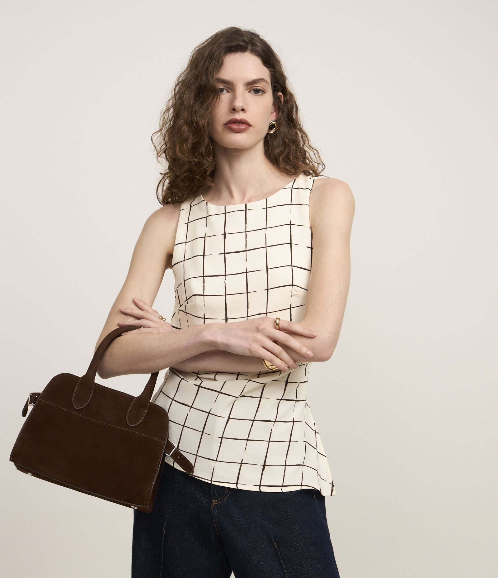 Blusa em Crepe com Estampa Xadrez Grid Off White 1