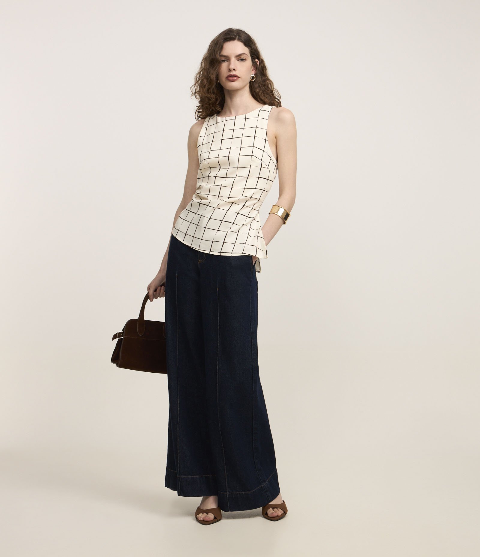 Blusa em Crepe com Estampa Xadrez Grid Off White 2