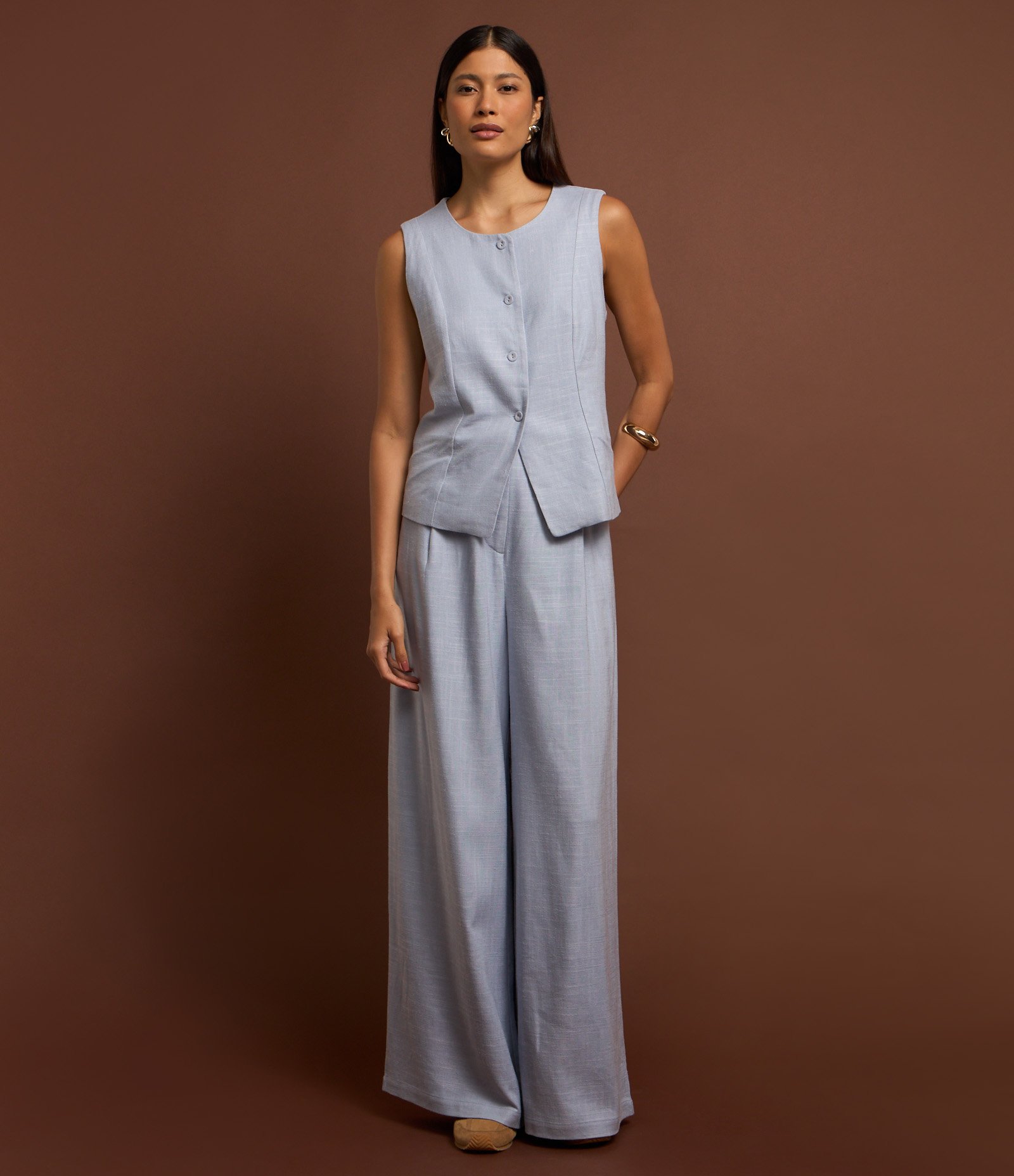 Calça Pantalona em Viscose e Linho com Pregas Azul 5