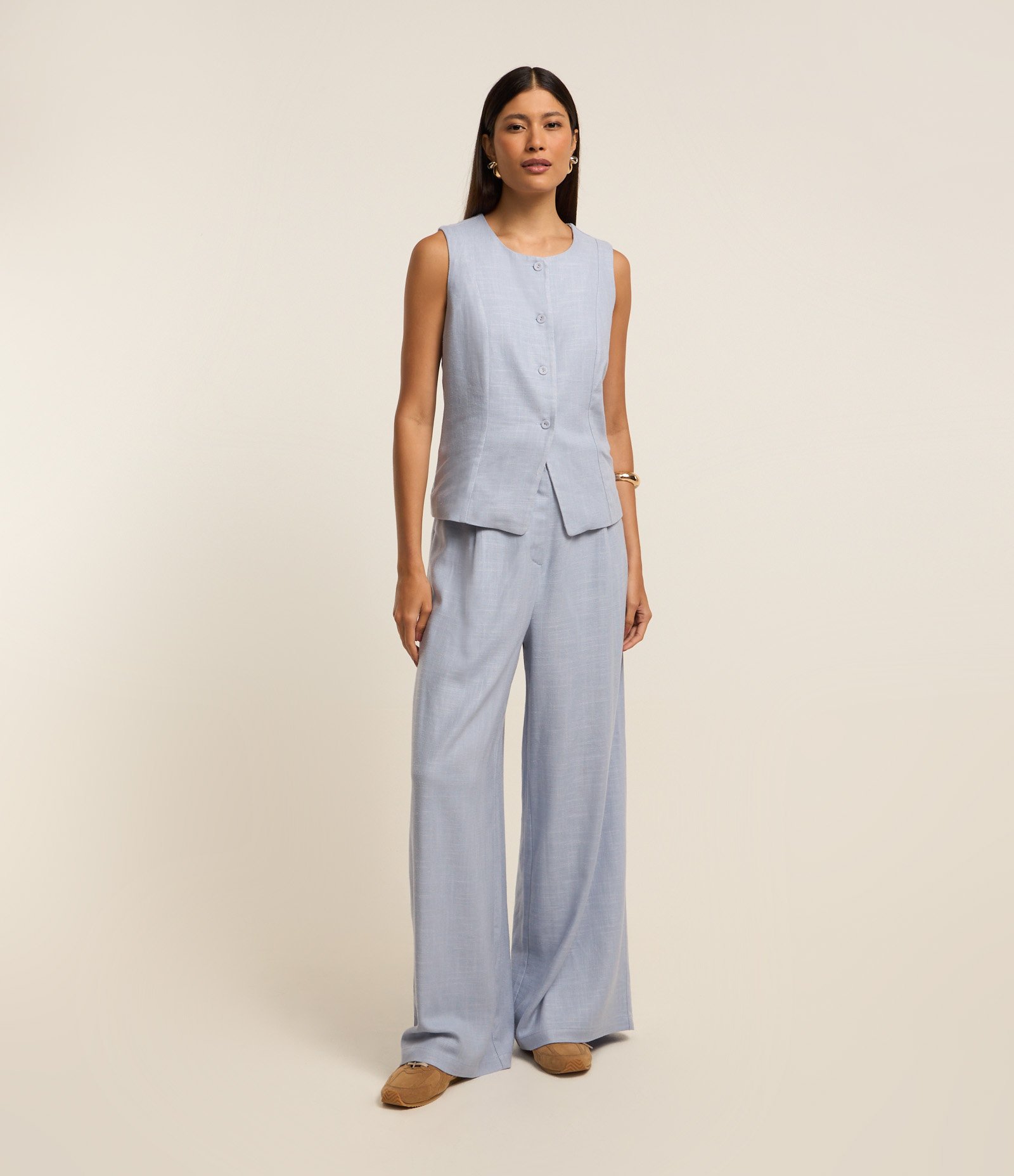 Calça Pantalona em Viscose e Linho com Pregas Azul 1