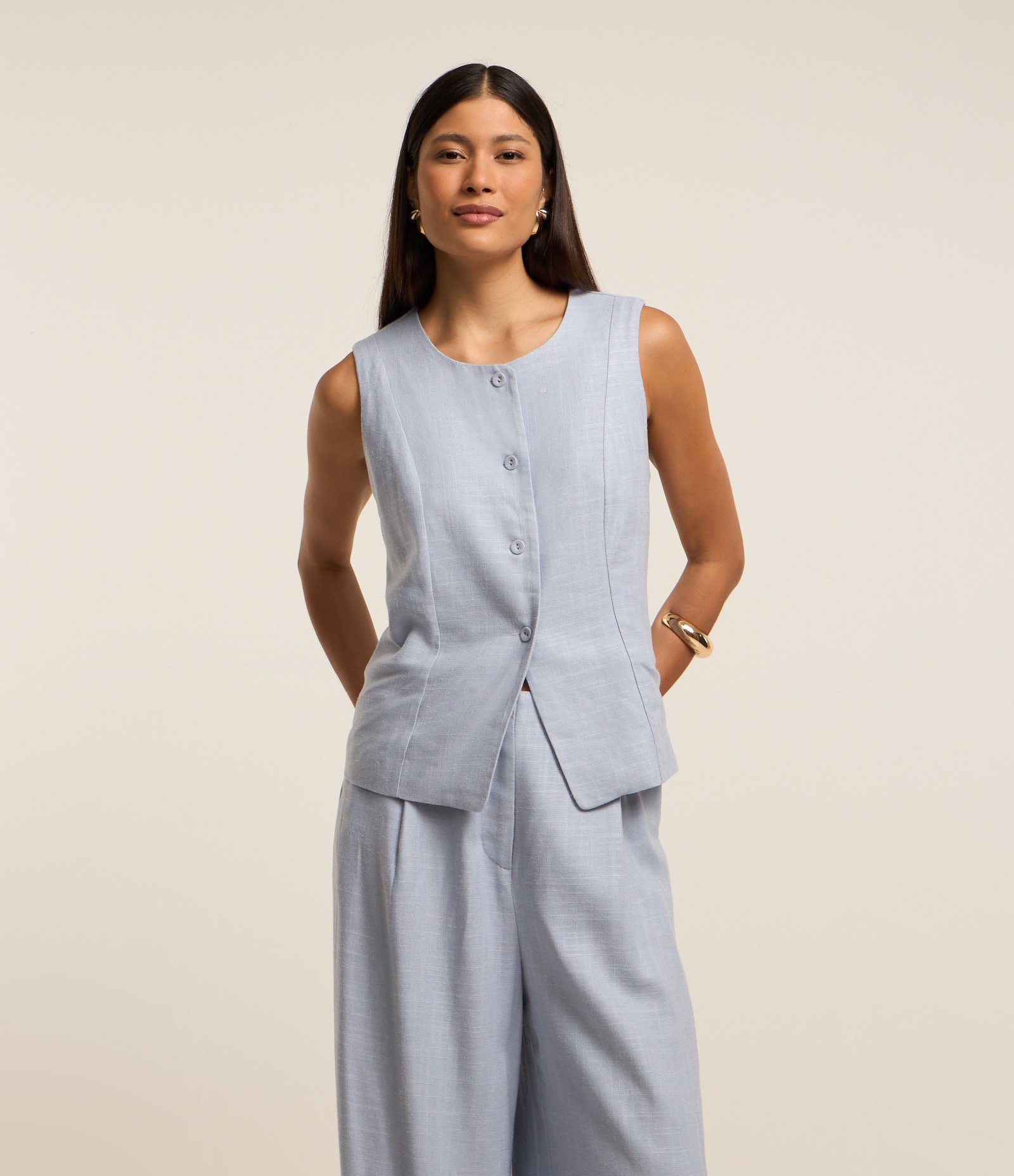 Calça Pantalona em Viscose e Linho com Pregas Azul 2