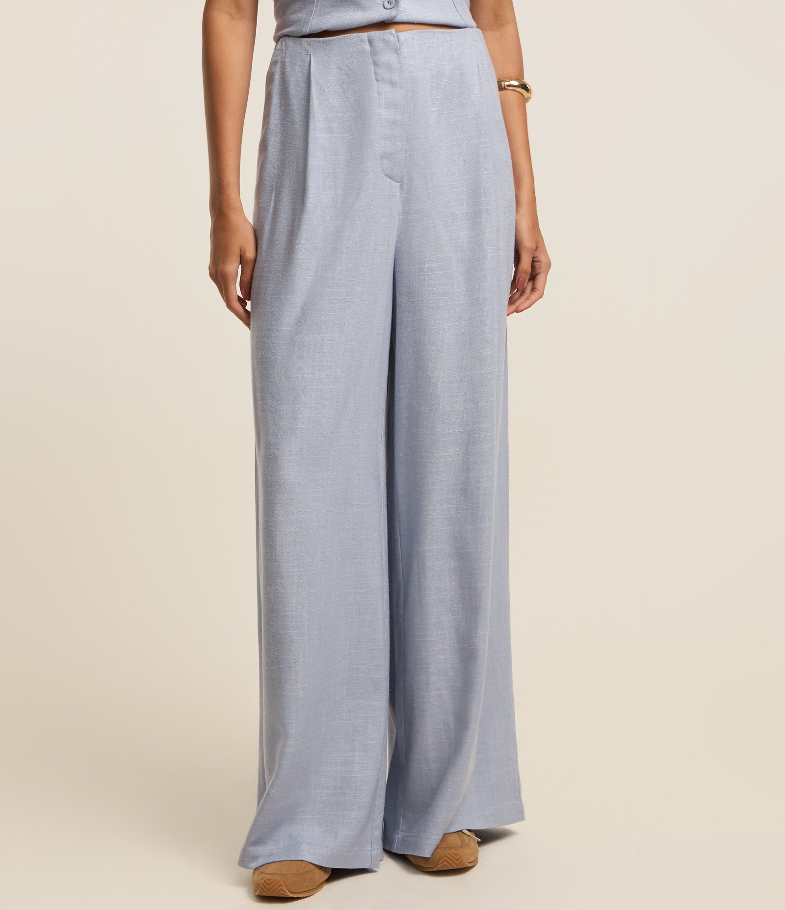 Calça Pantalona em Viscose e Linho com Pregas Azul 3