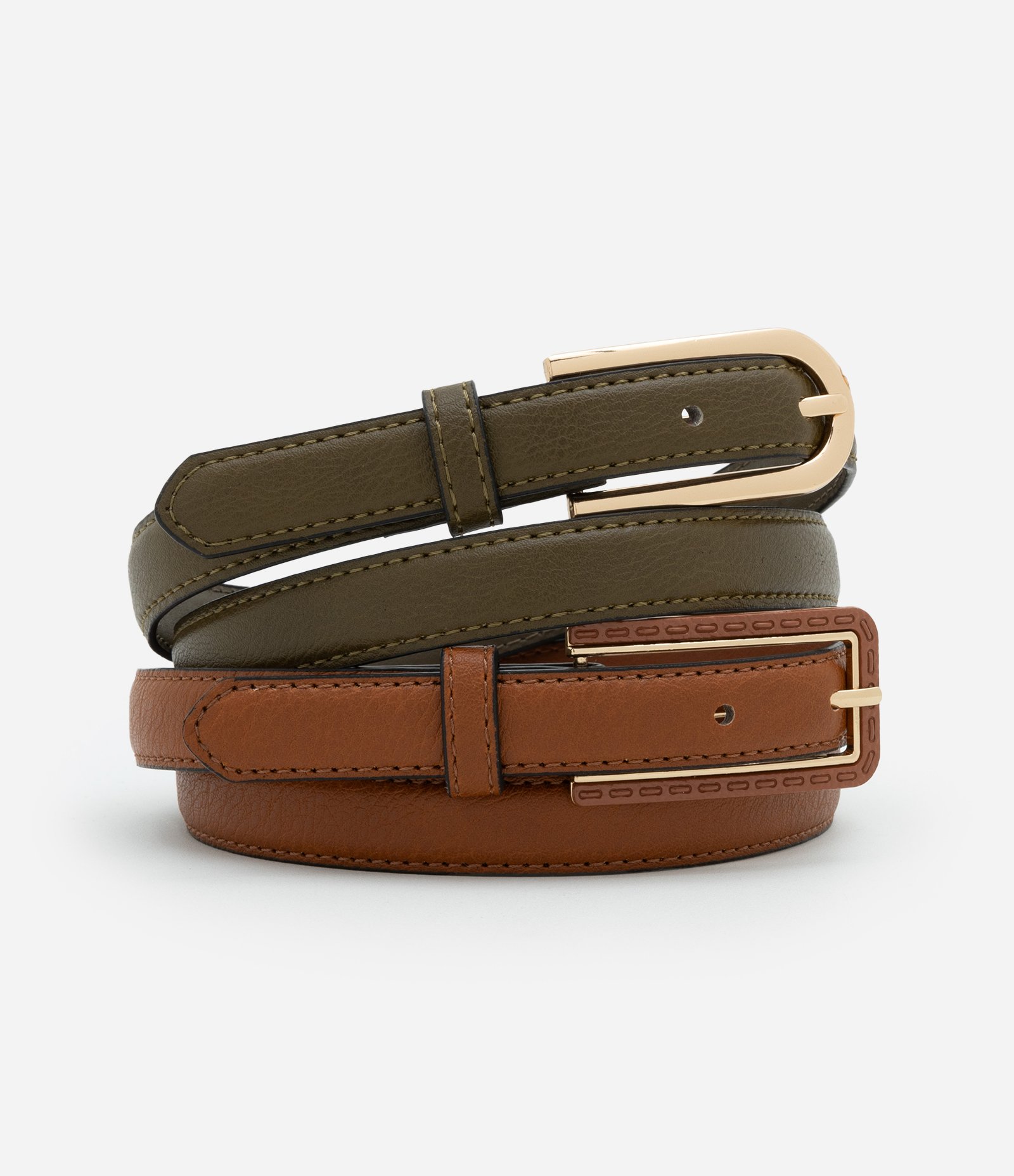 Kit 02 Cintos em PU com Fivelas Diferenciadas Caramelo/Verde 1