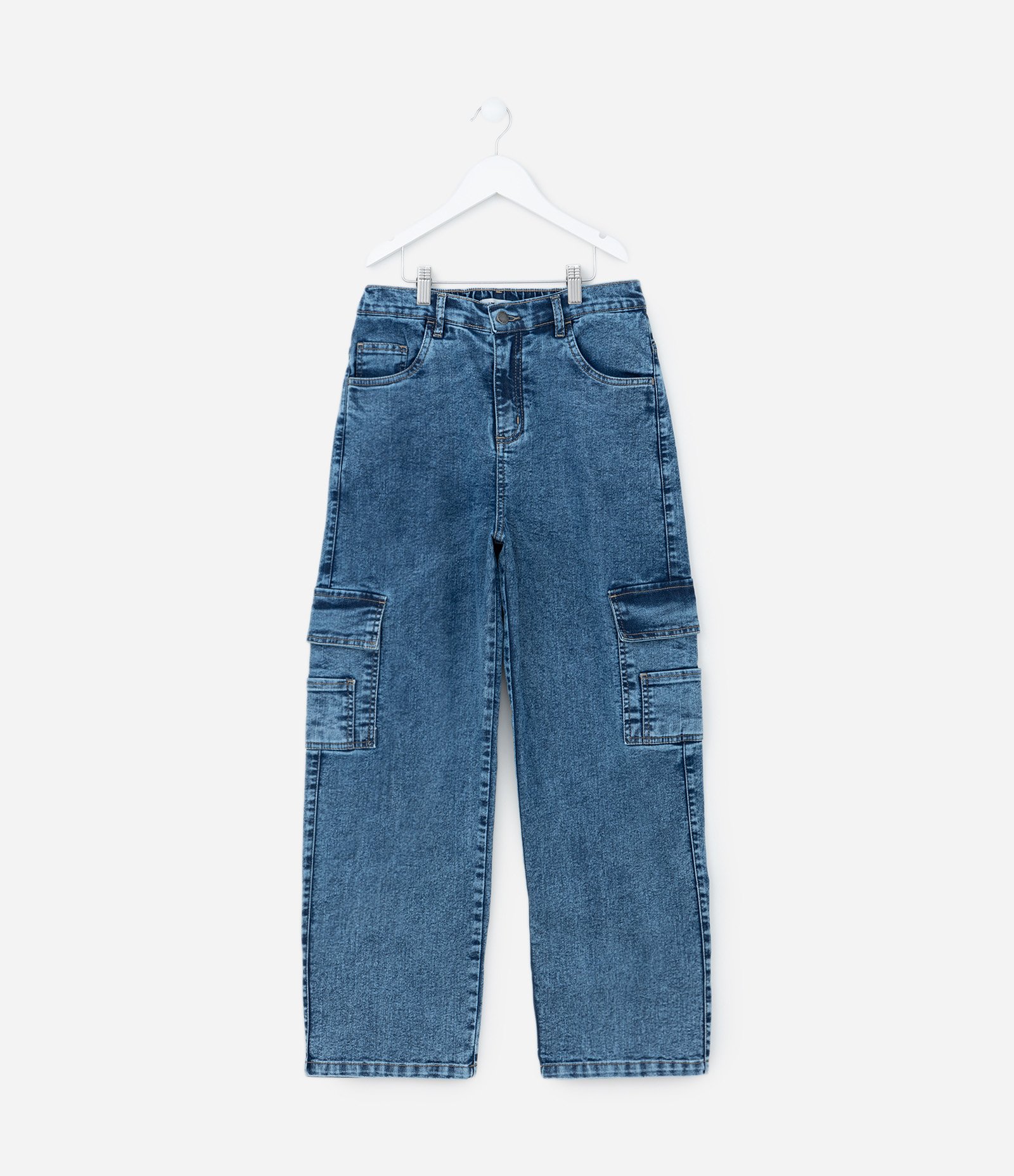 Calça Baggy Infantil em Jeans com Bolsos Cargo - Tam 7 a 14 Anos Azul 1