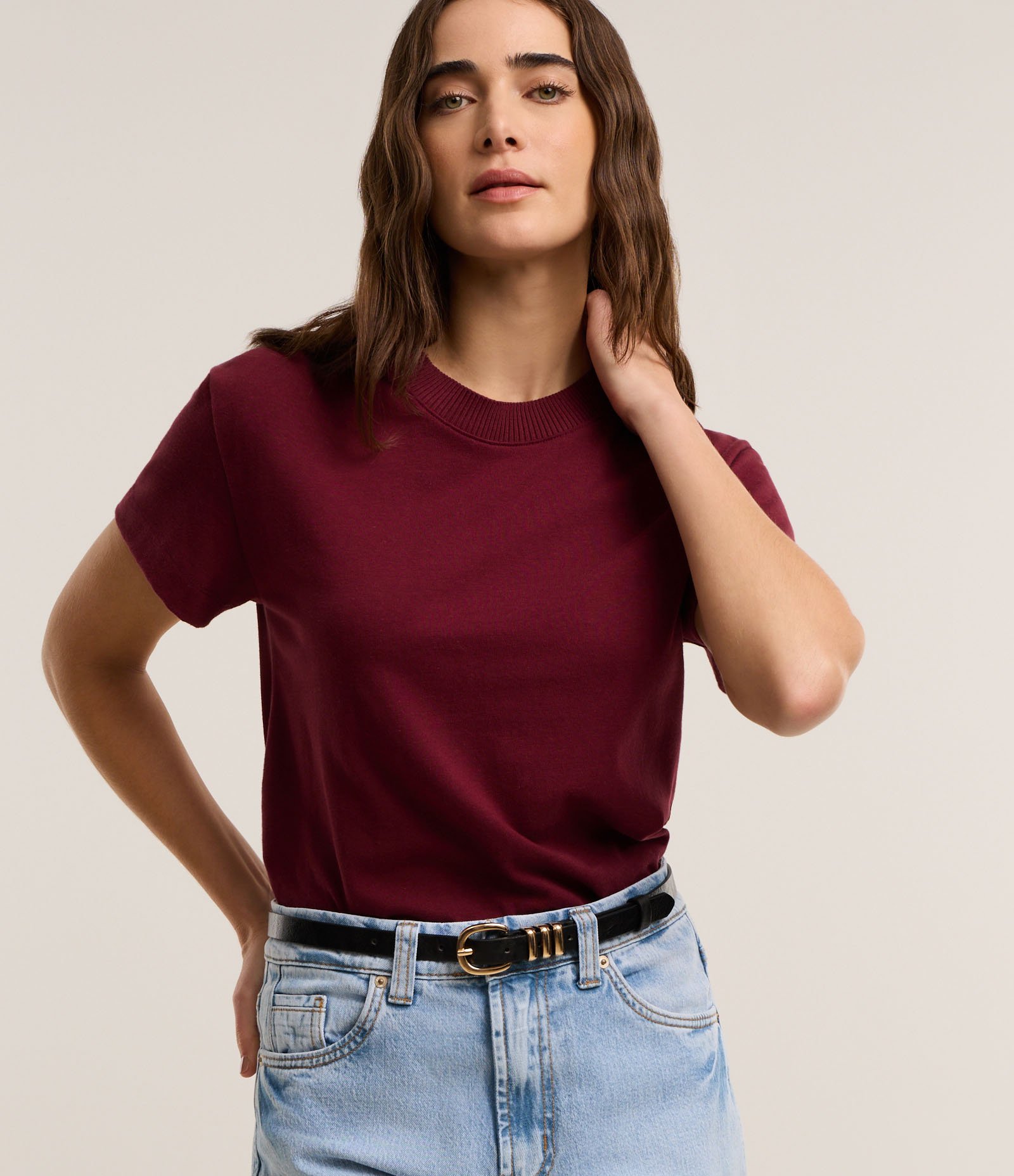 Camiseta em Algodão com Gola Redonda Bordô 1