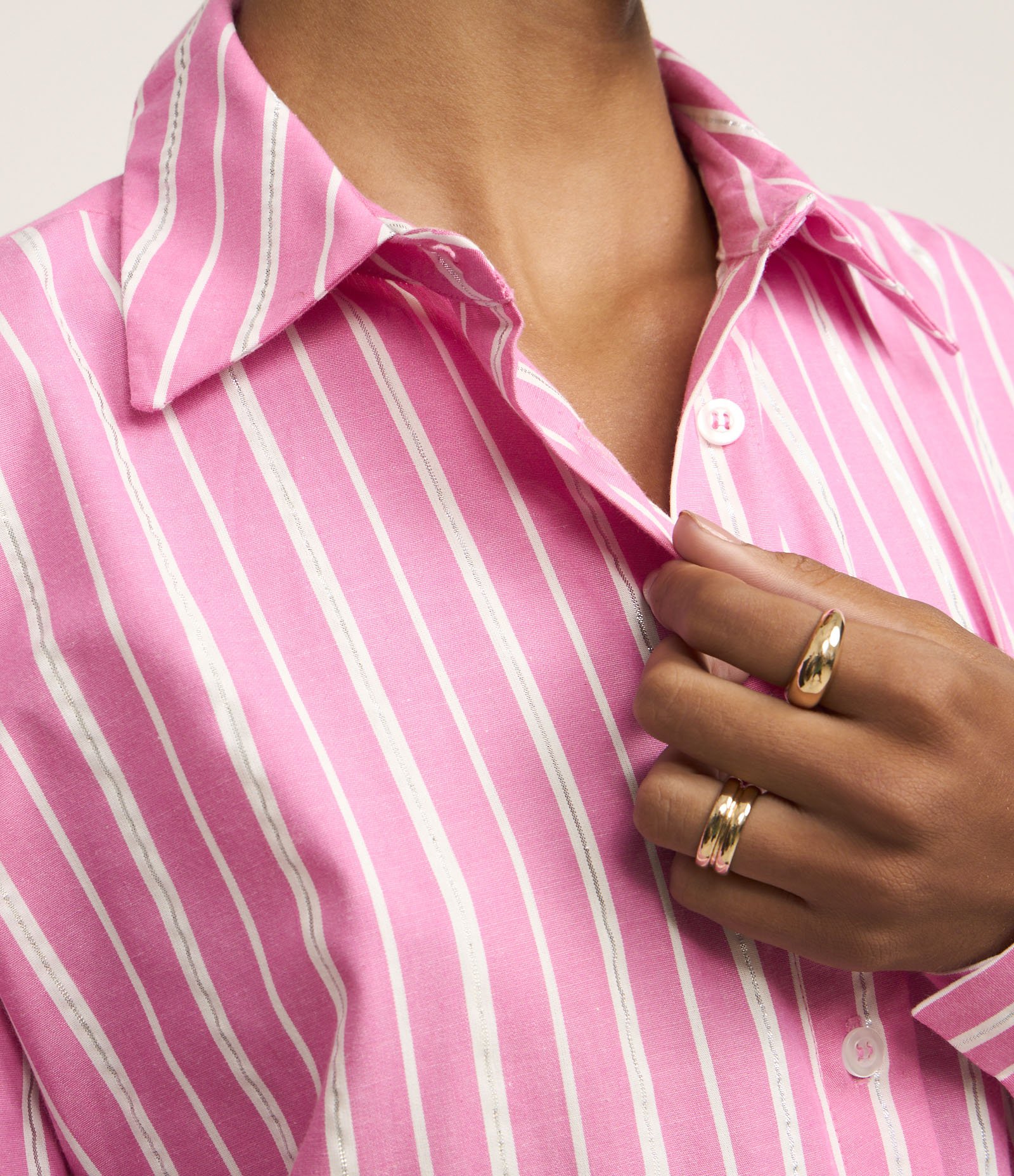 Camisa em Tricoline com Listras a Fio Tinto e Fio Metalizado Rosa 3