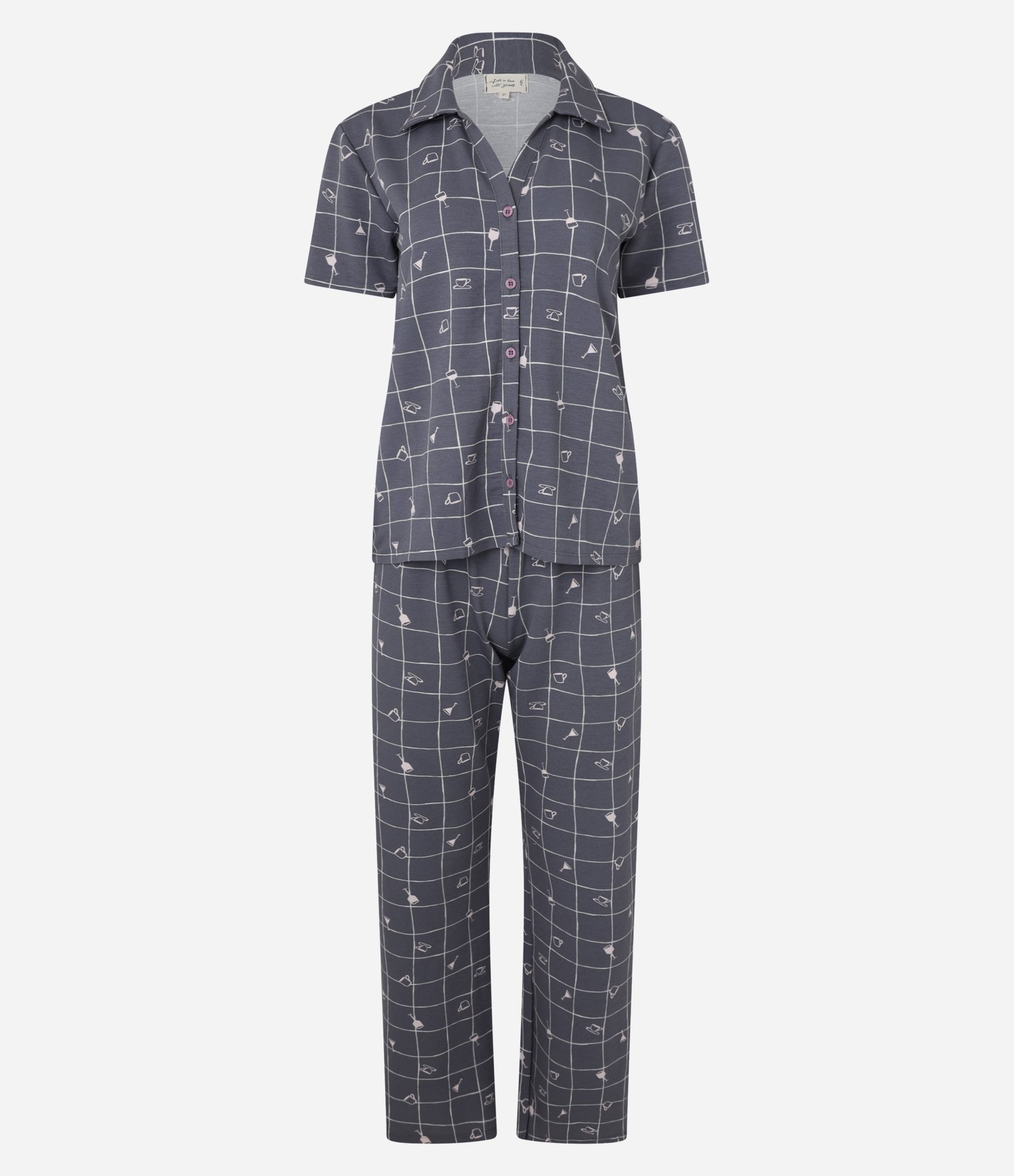 Pijama em Viscolycra com Estampa Xadrez Grid Vinho e Café Cinza 4