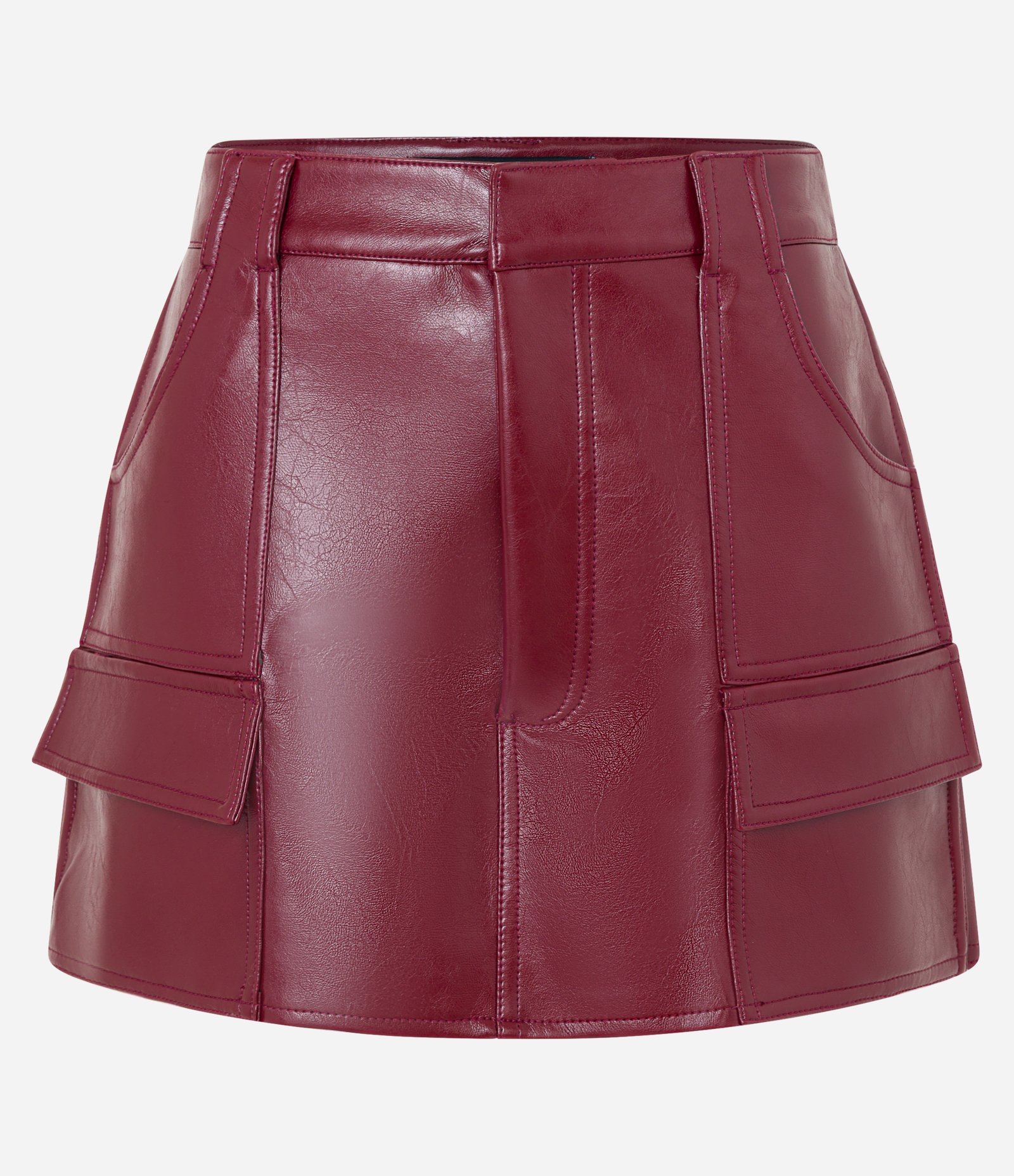 Short Saia Curto em PU com Bolsos Frontais Bordô 7