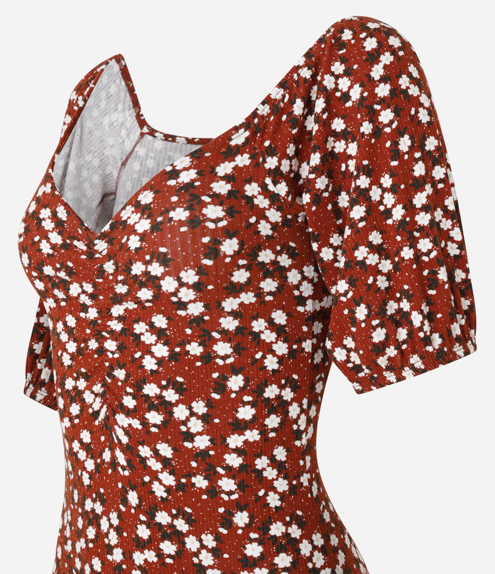 Vestido Midi com Decote Coração Franzido e Estampa Floral Vermelho 5