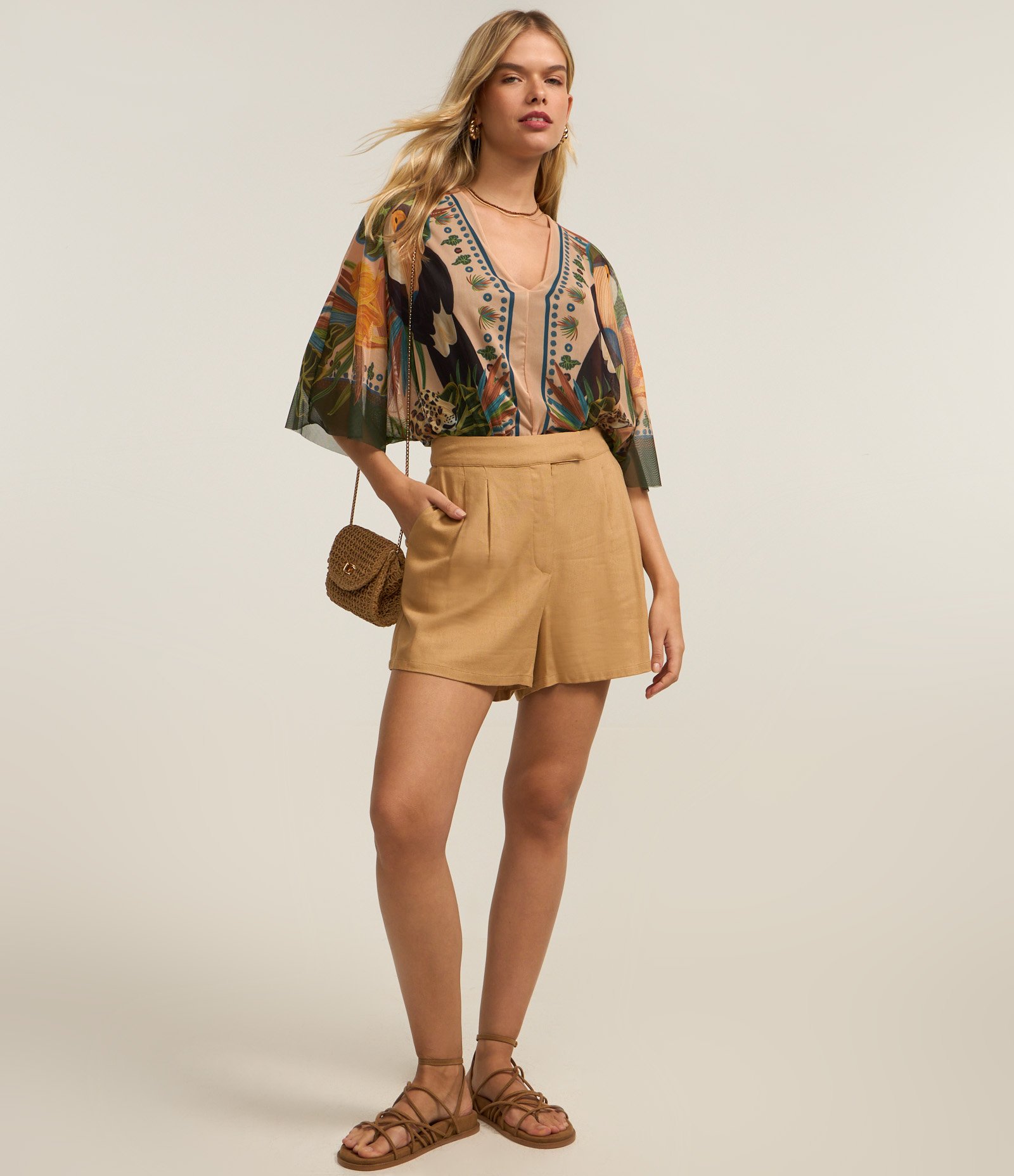 Body em Tule com Estampa Tropical e Manga Amplas Multicores 2